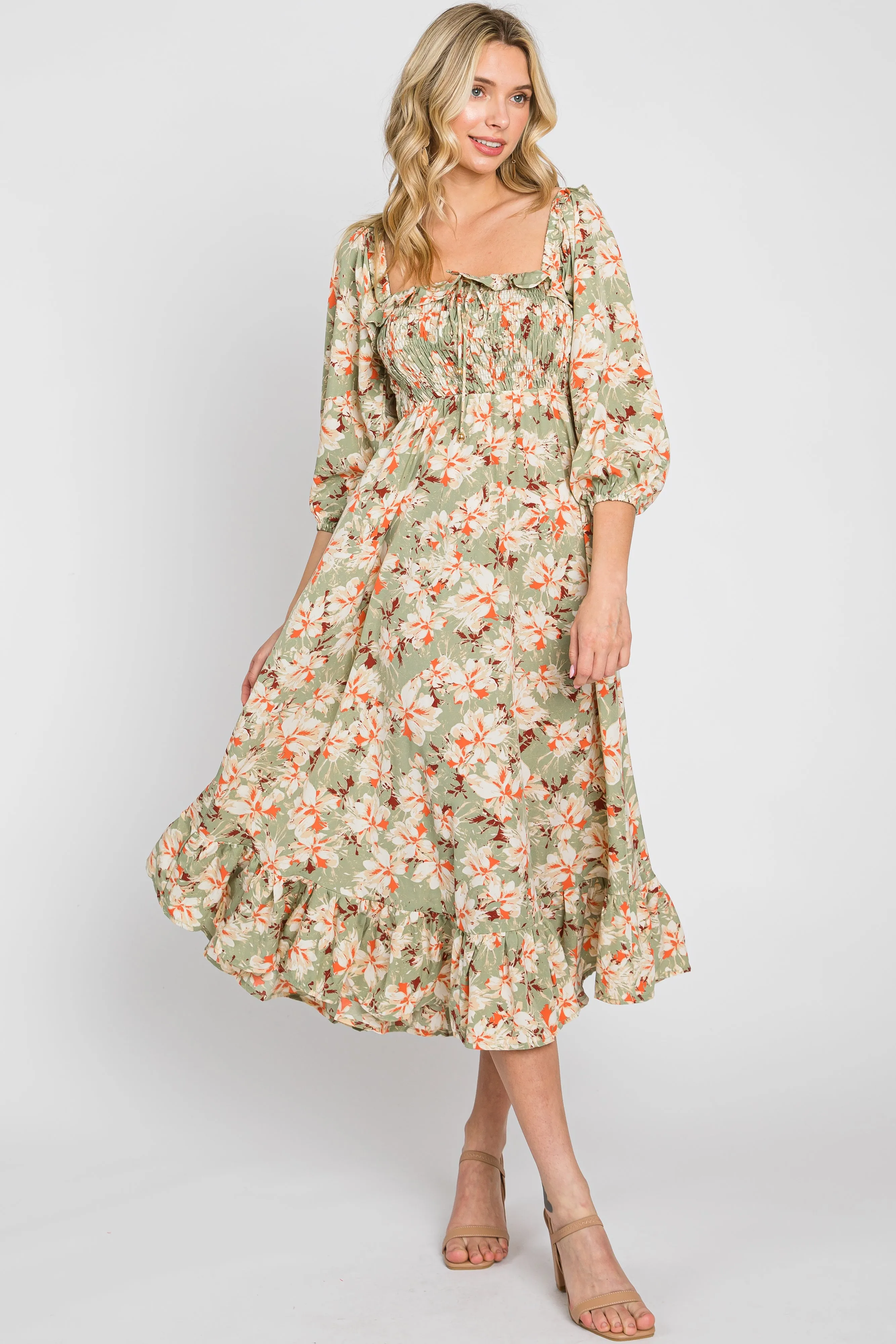 Light Olive Floral Ruffle Square Neck Smocked Front Tie Midi Dress sold by Pinkblush product image thumbnail 5