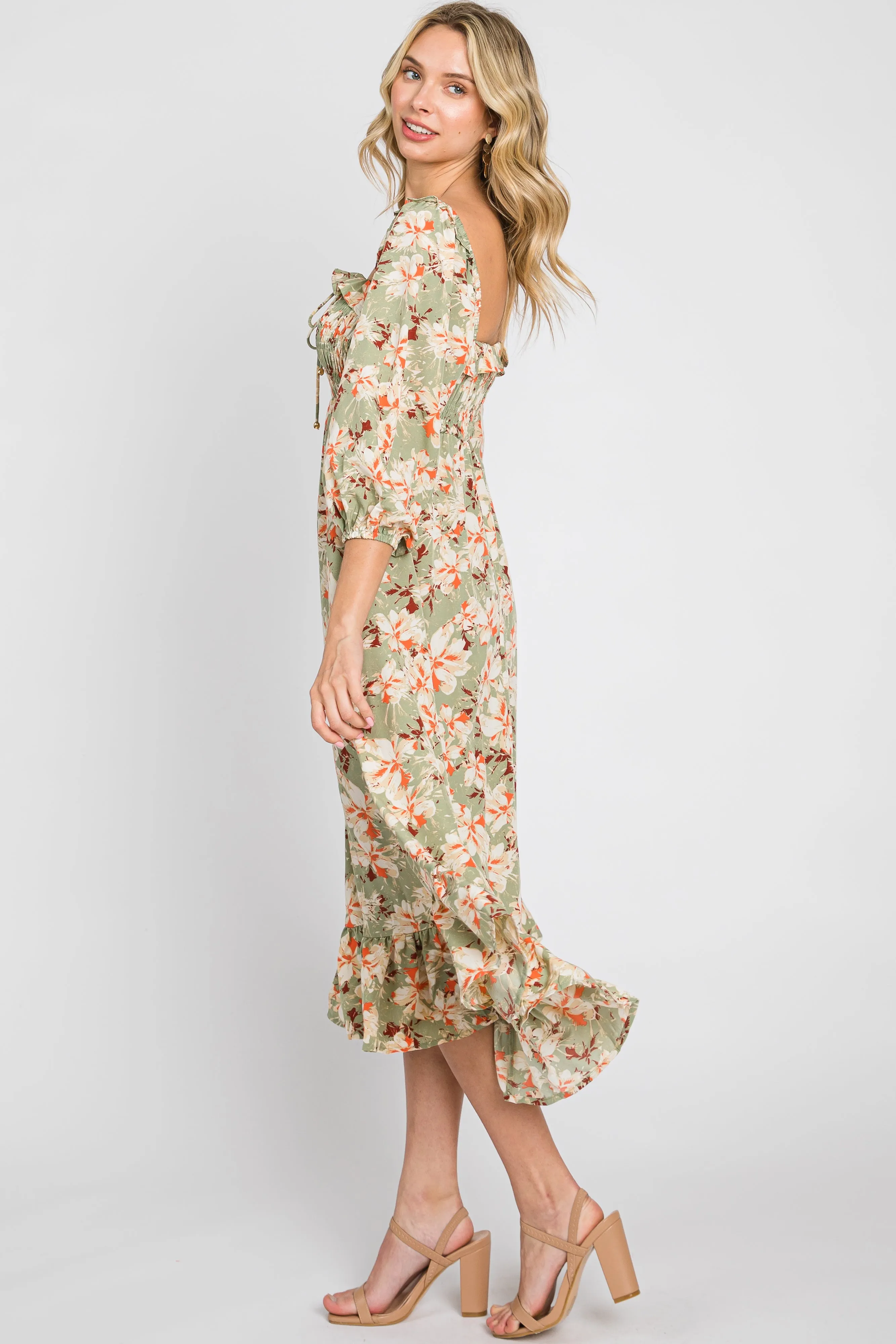 Light Olive Floral Ruffle Square Neck Smocked Front Tie Midi Dress sold by Pinkblush product image thumbnail 2