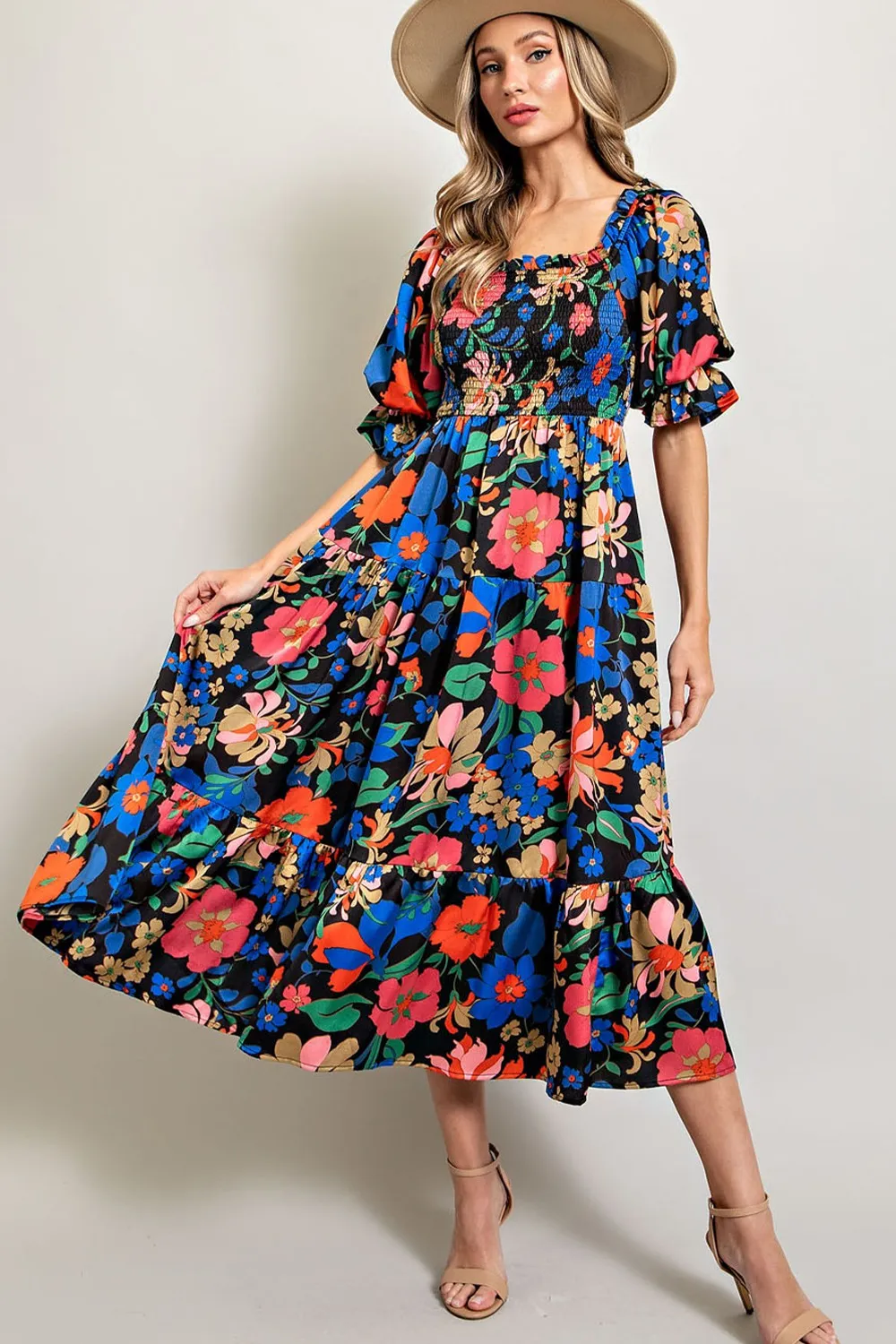 Black Floral Satin Smocked Short Sleeve Maternity Midi Dress sold by Pinkblush product image thumbnail 5