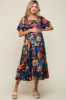 Black Floral Satin Smocked Short Sleeve Maternity Midi Dress sold by Pinkblush