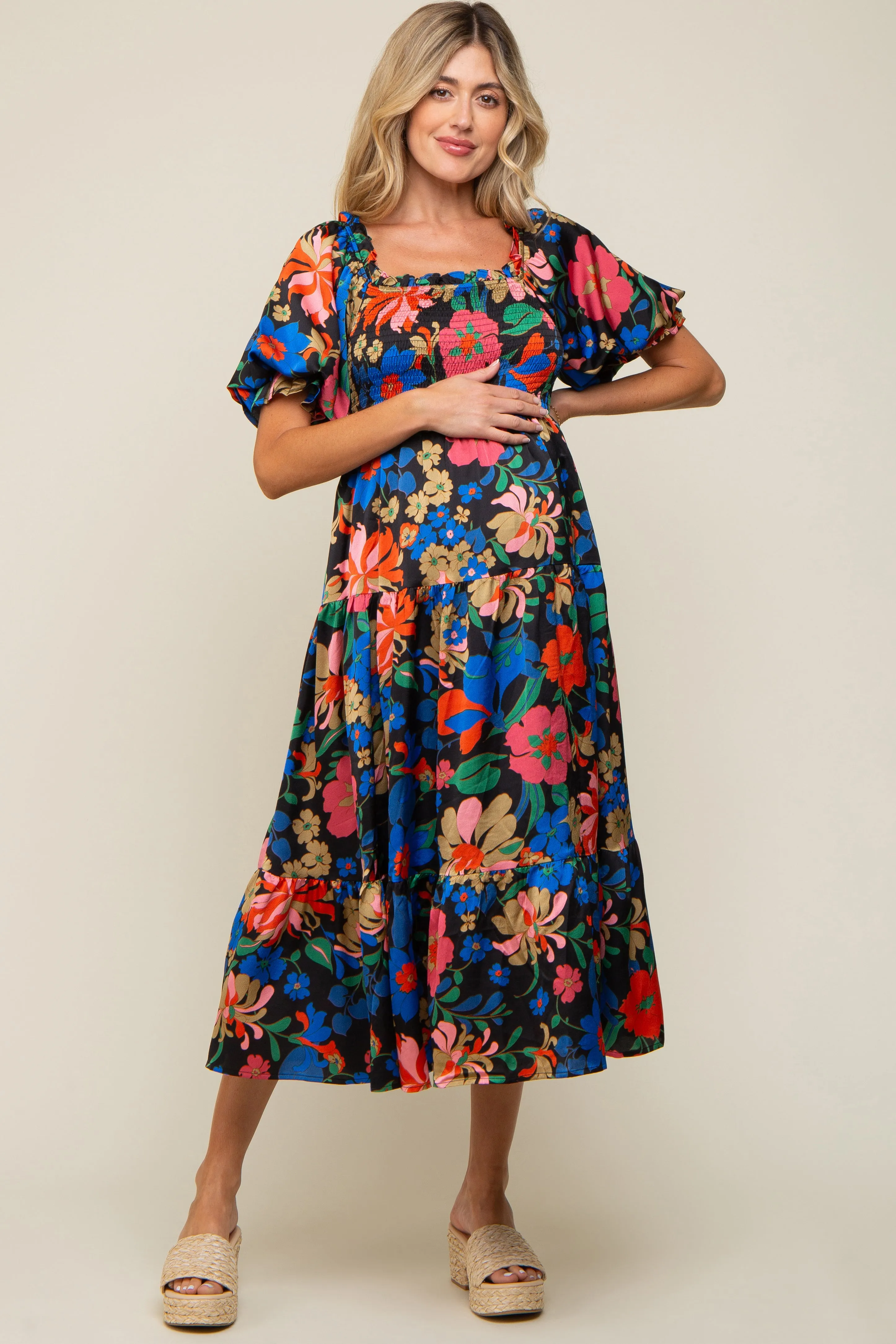 Black Floral Satin Smocked Short Sleeve Maternity Midi Dress sold by Pinkblush product image thumbnail 2