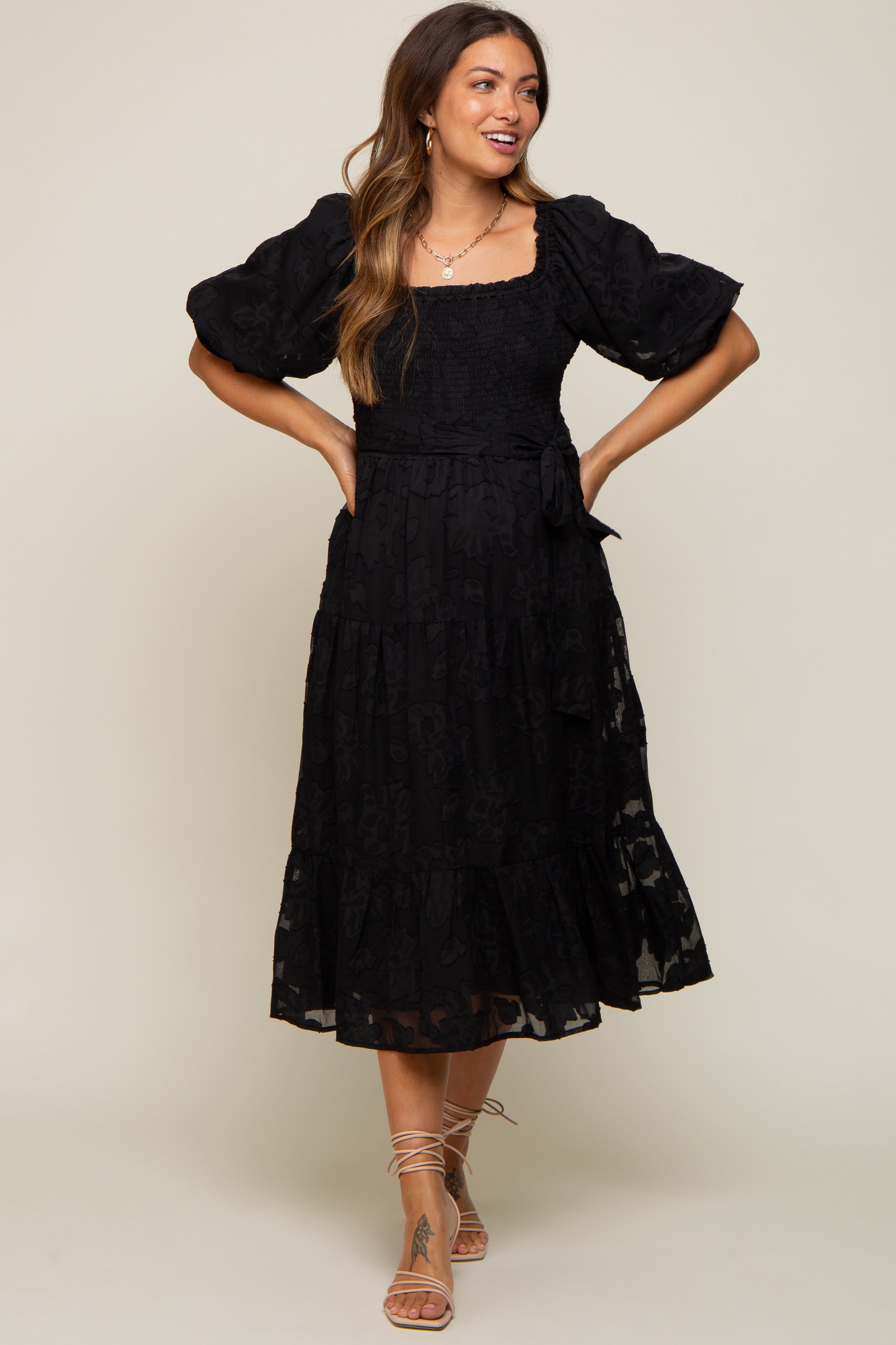 Black Floral Textured Tiered Maternity Midi Dress sold by Pinkblush product image thumbnail 4