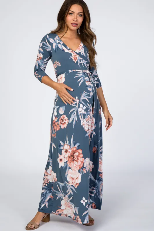 Blue Pink Floral Wrap Maternity Maxi Dress sold by Pinkblush