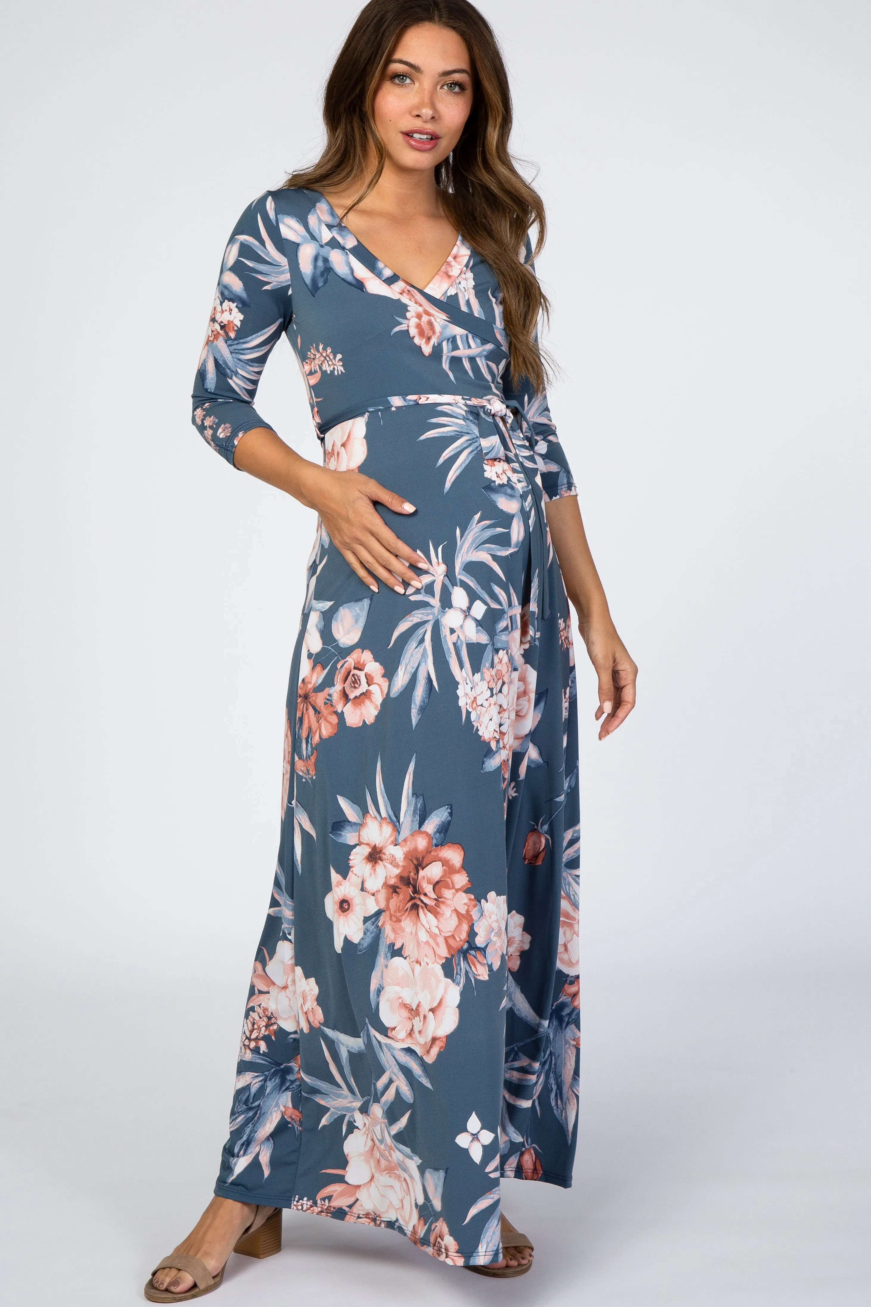 Blue Pink Floral Wrap Maternity Maxi Dress sold by Pinkblush