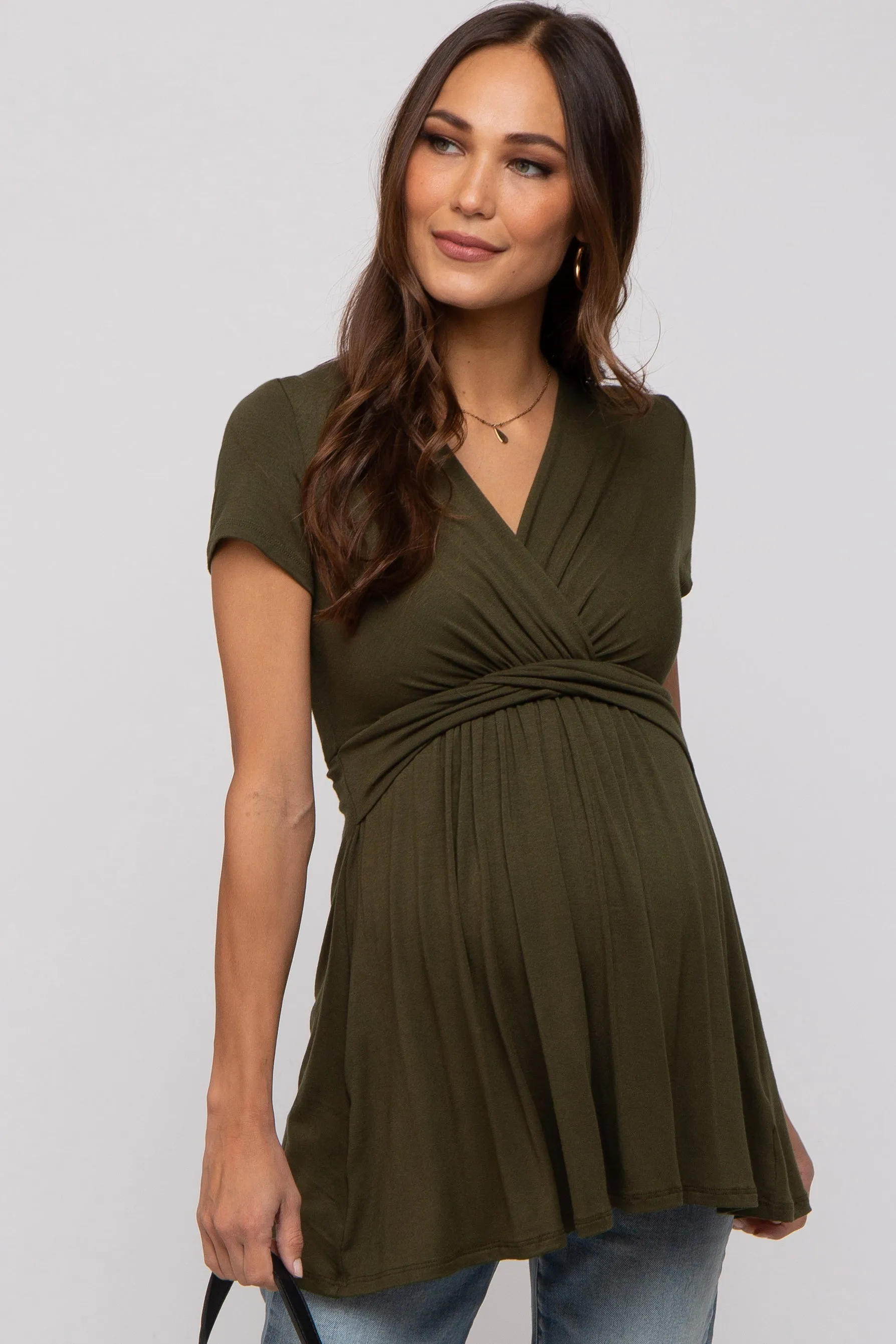PinkBlush Olive Draped Front Maternity Nursing Top sold by Pinkblush