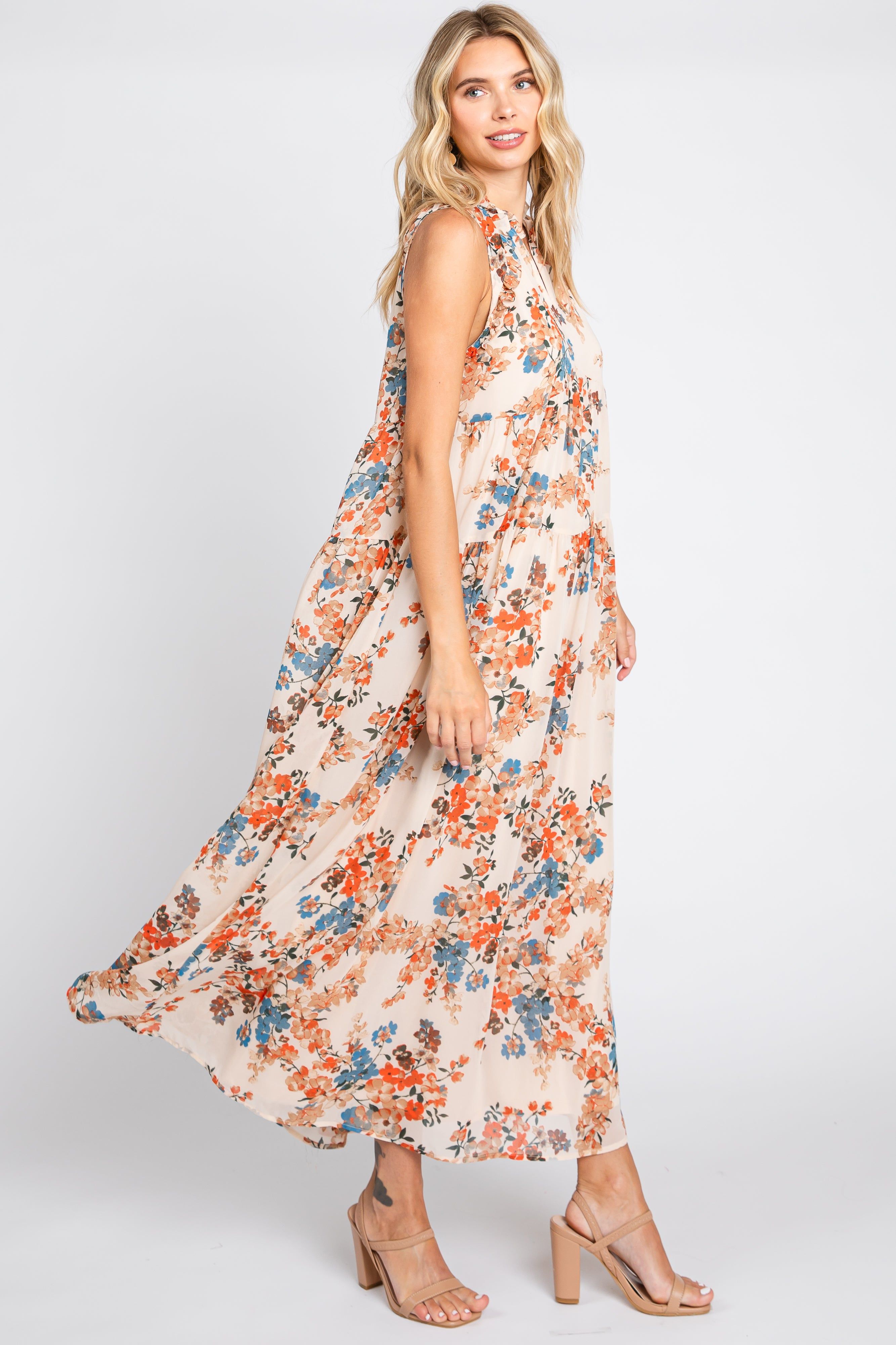 Cream Floral Chiffon Ruffle V-Neck Sleeveless Maxi Dress sold by Pinkblush product image thumbnail 2