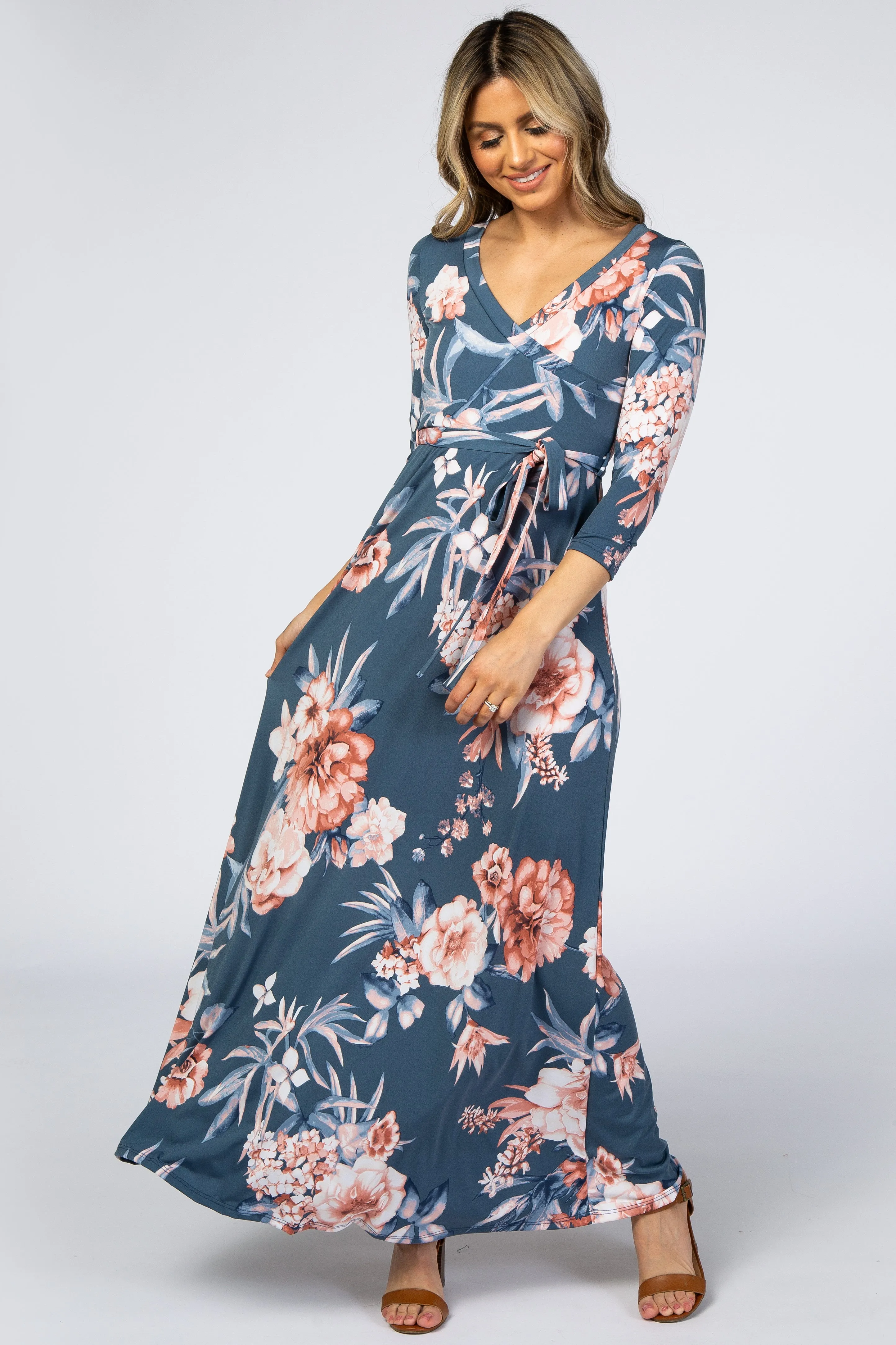 Blue Pink Floral Wrap Maternity Maxi Dress sold by Pinkblush product image thumbnail 5