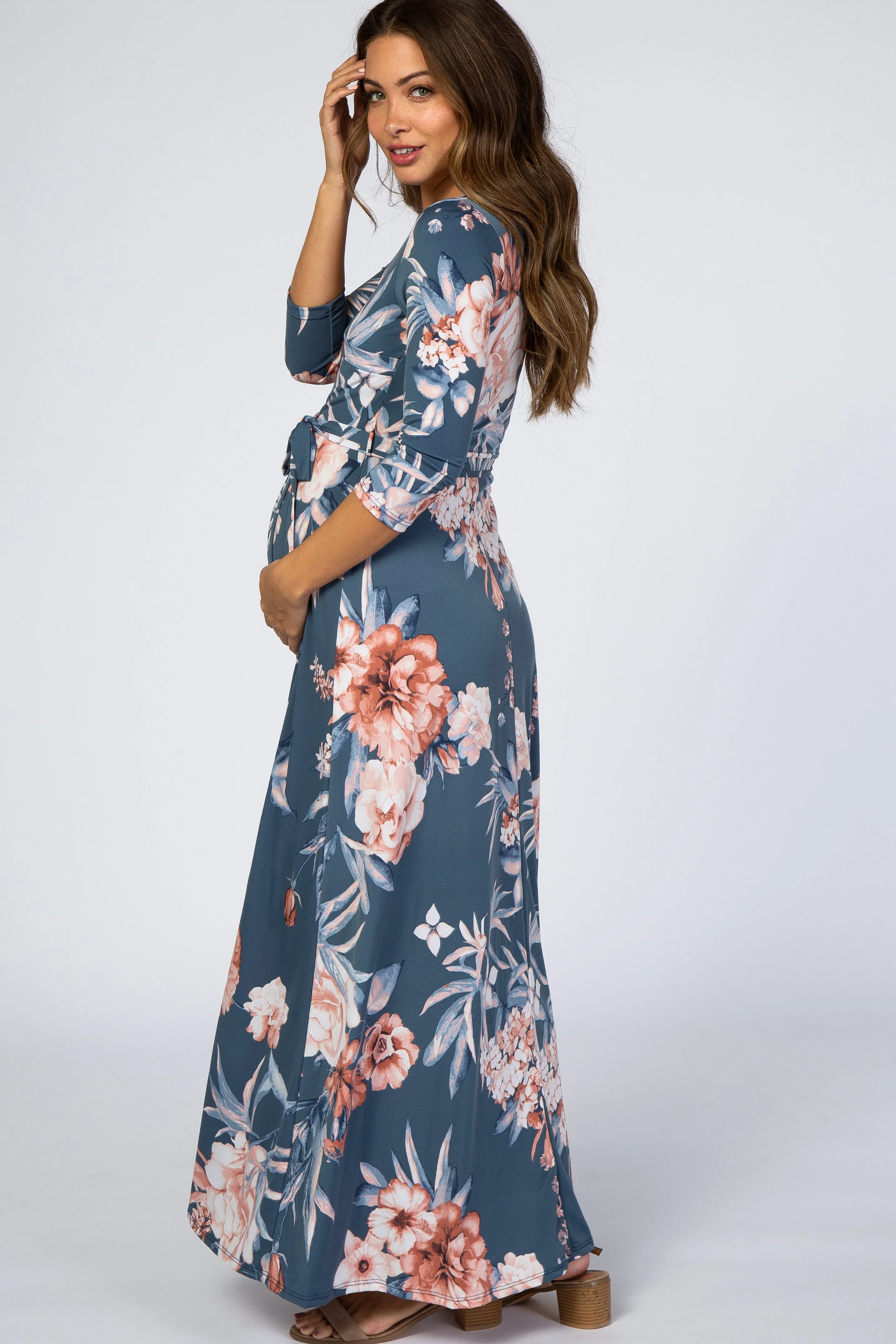 Blue Pink Floral Wrap Maternity Maxi Dress sold by Pinkblush product image thumbnail 2
