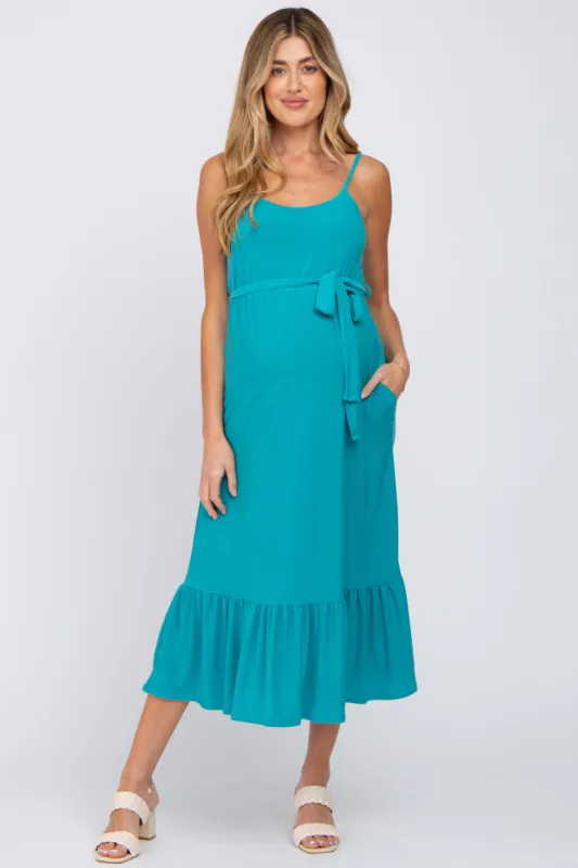 Turquoise Waist Tie Ruffle Hem Maternity Midi Dress sold by Pinkblush
