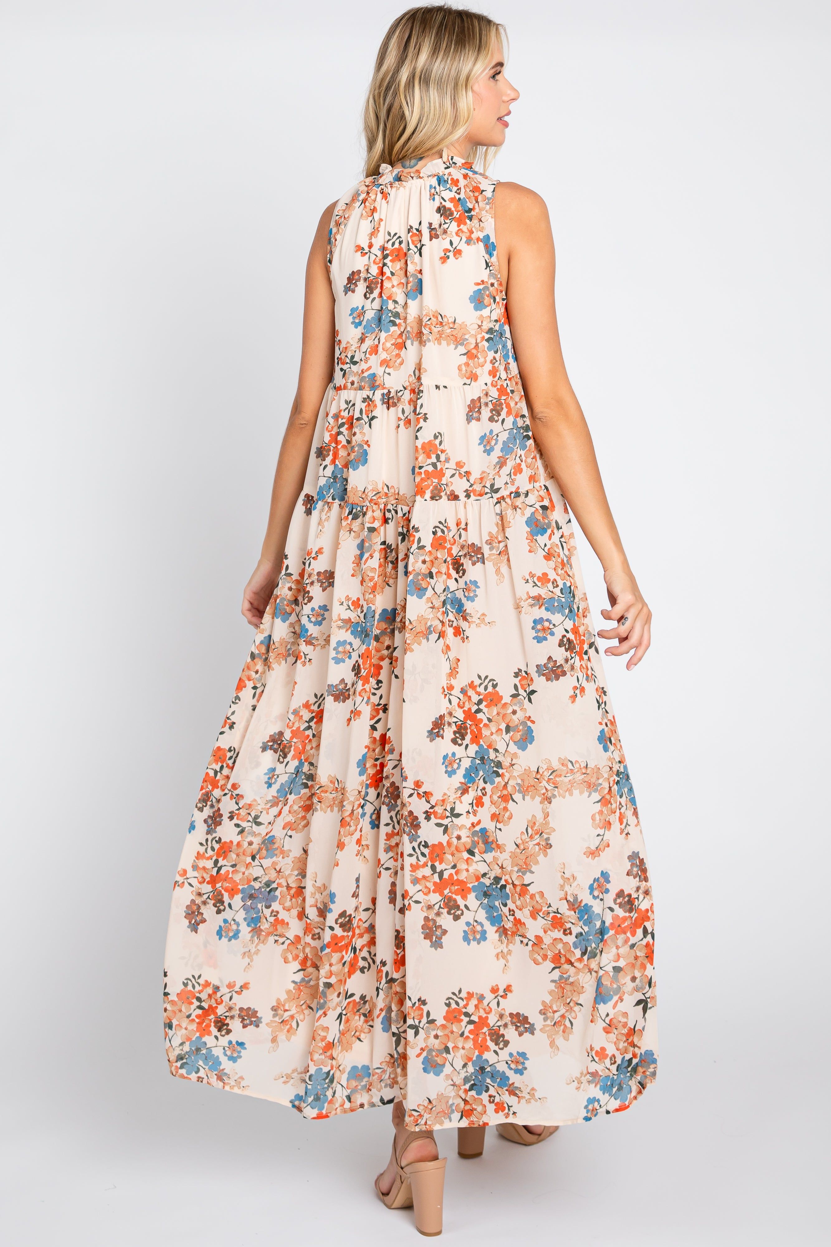 Cream Floral Chiffon Ruffle V-Neck Sleeveless Maxi Dress sold by Pinkblush product image thumbnail 3