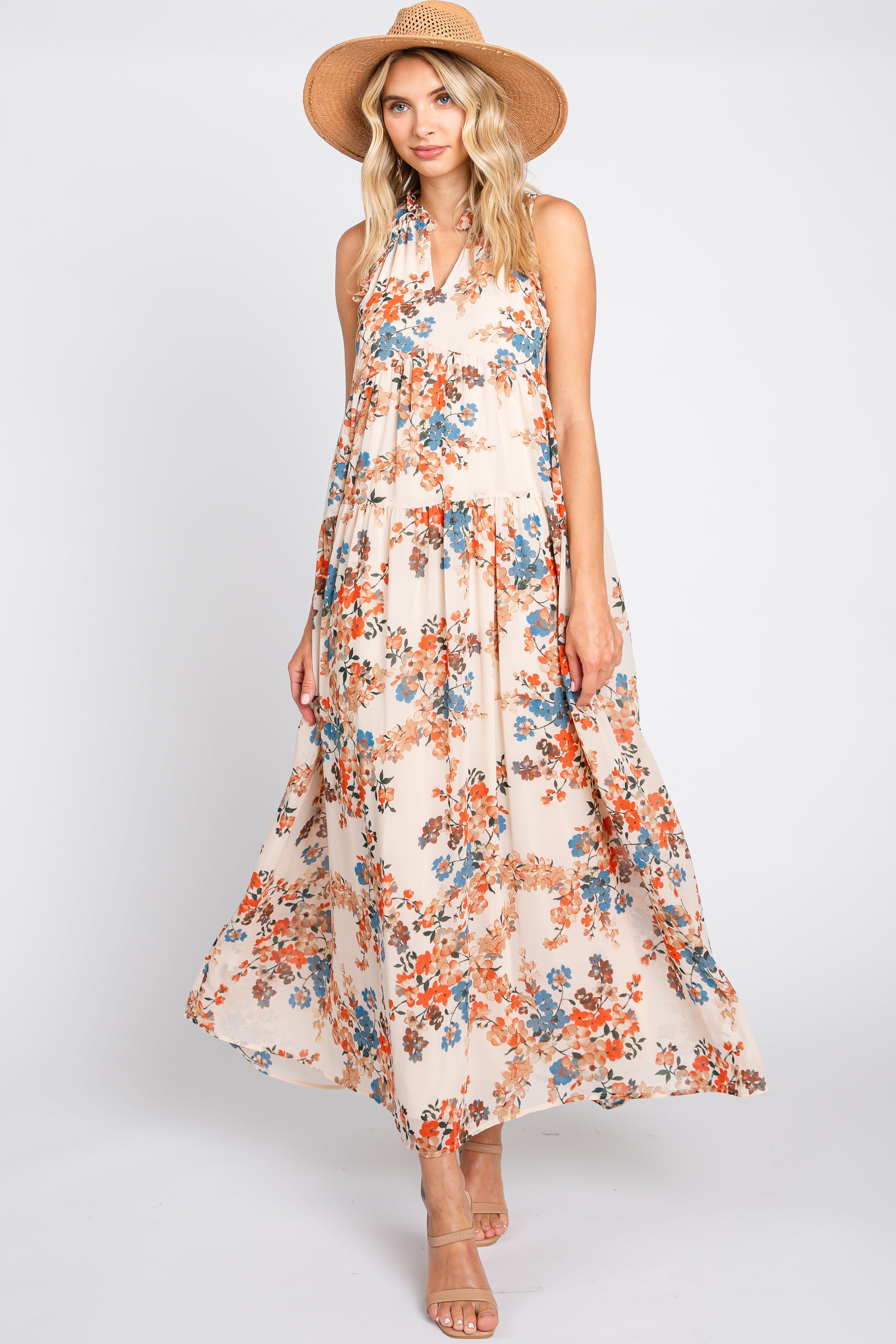 Cream Floral Chiffon Ruffle V-Neck Sleeveless Maxi Dress sold by Pinkblush