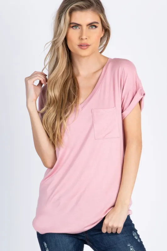 Pink V-Neck Pocket Accent Top sold by Pinkblush