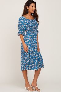 Blue Floral Smocked Front Tie Midi Dress sold by Pinkblush
