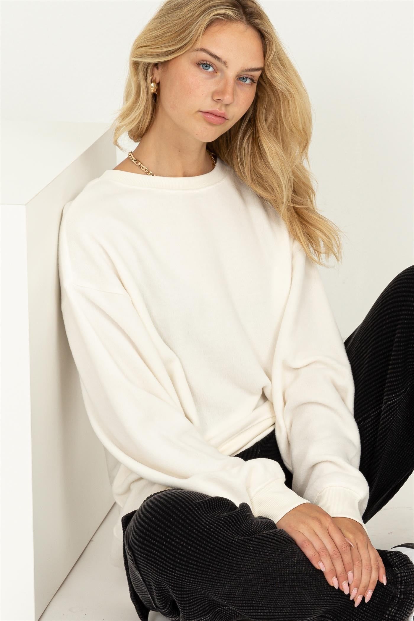 Cream Oversized Brushed Knit Long Sleeve Top sold by Pinkblush