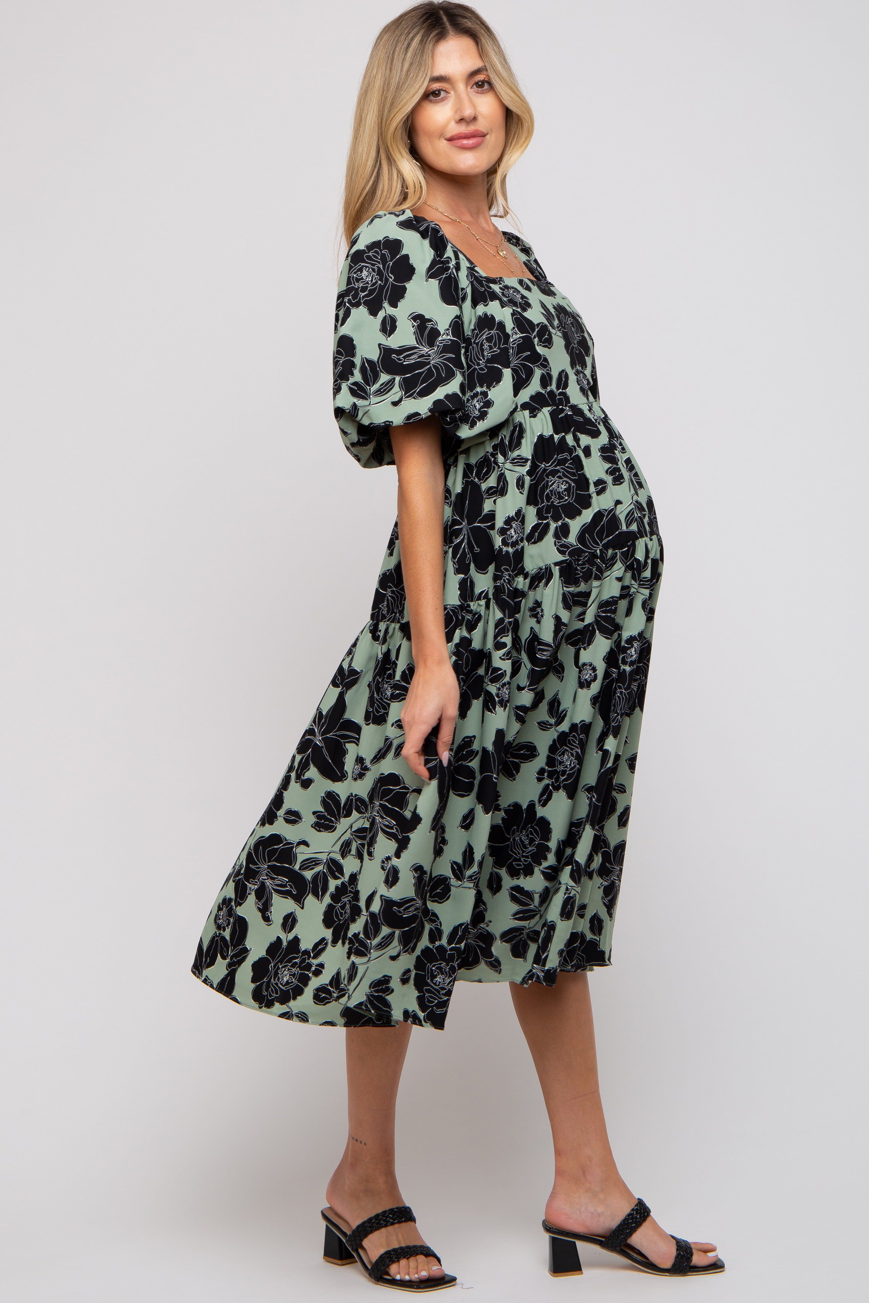 Mint Green Floral Puff Sleeve Tiered Maternity Dress sold by Pinkblush product image thumbnail 3