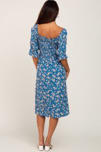 Blue Floral Smocked Front Tie Midi Dress sold by Pinkblush