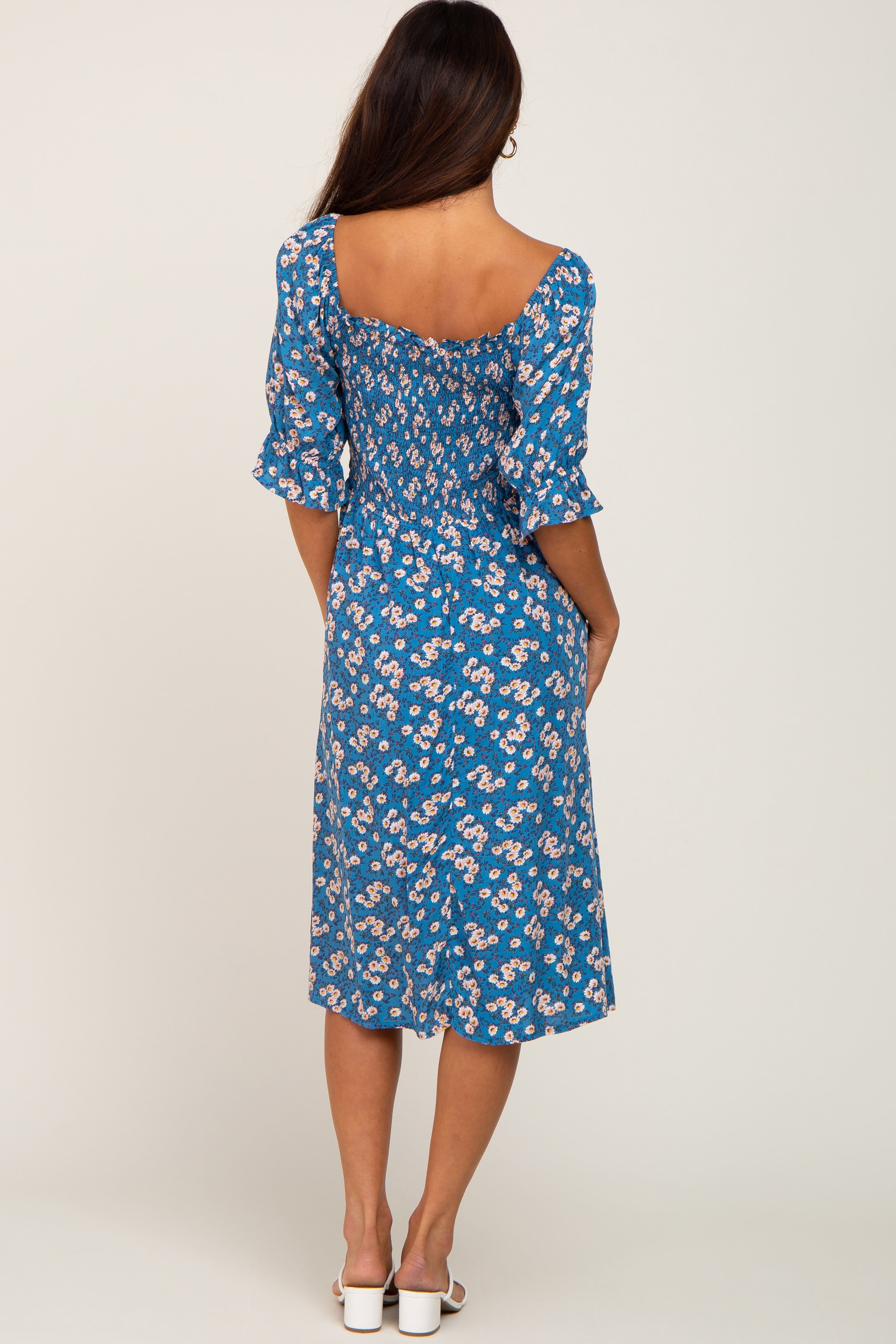 Blue Floral Smocked Front Tie Midi Dress sold by Pinkblush product image thumbnail 3