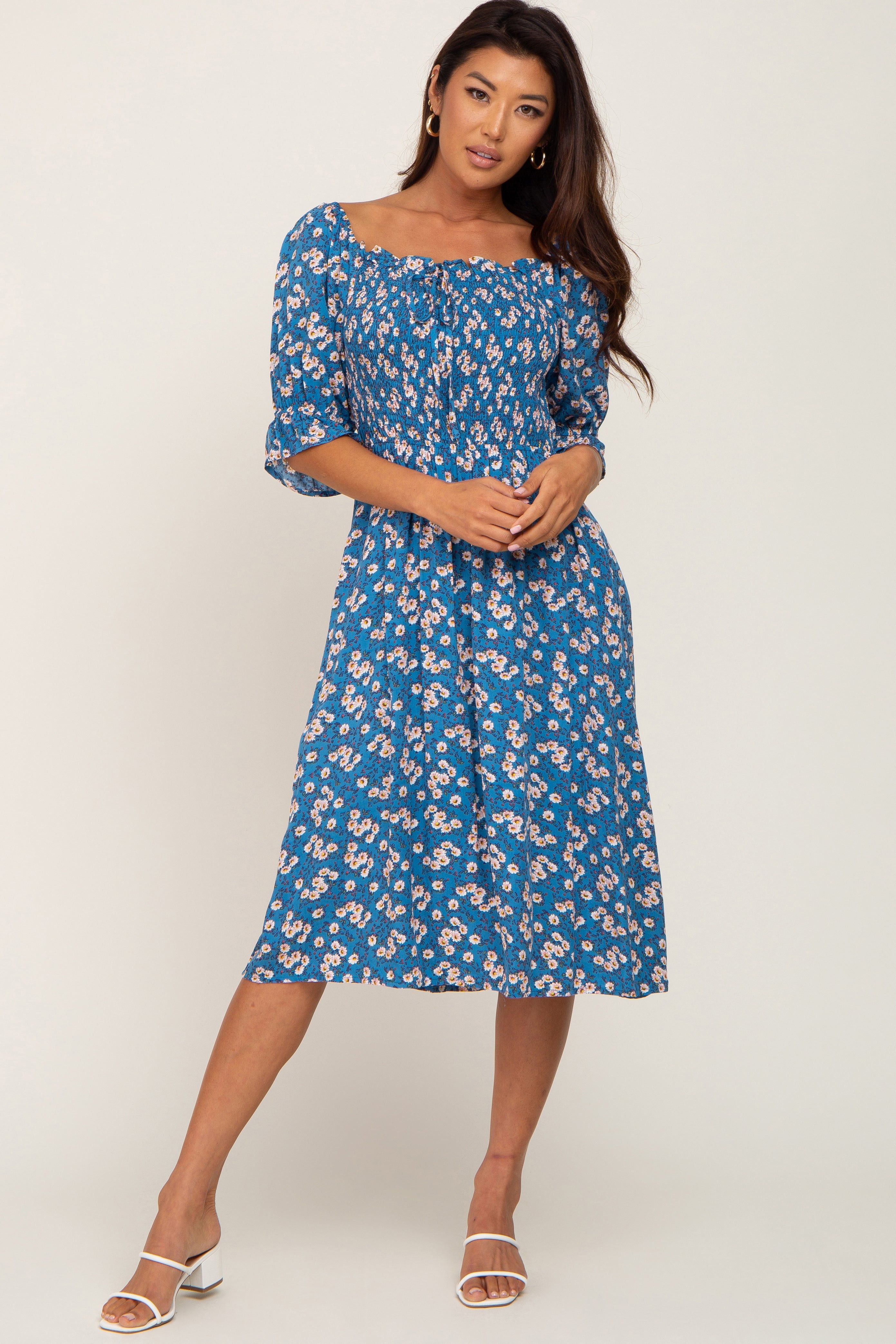 Blue Floral Smocked Front Tie Midi Dress sold by Pinkblush