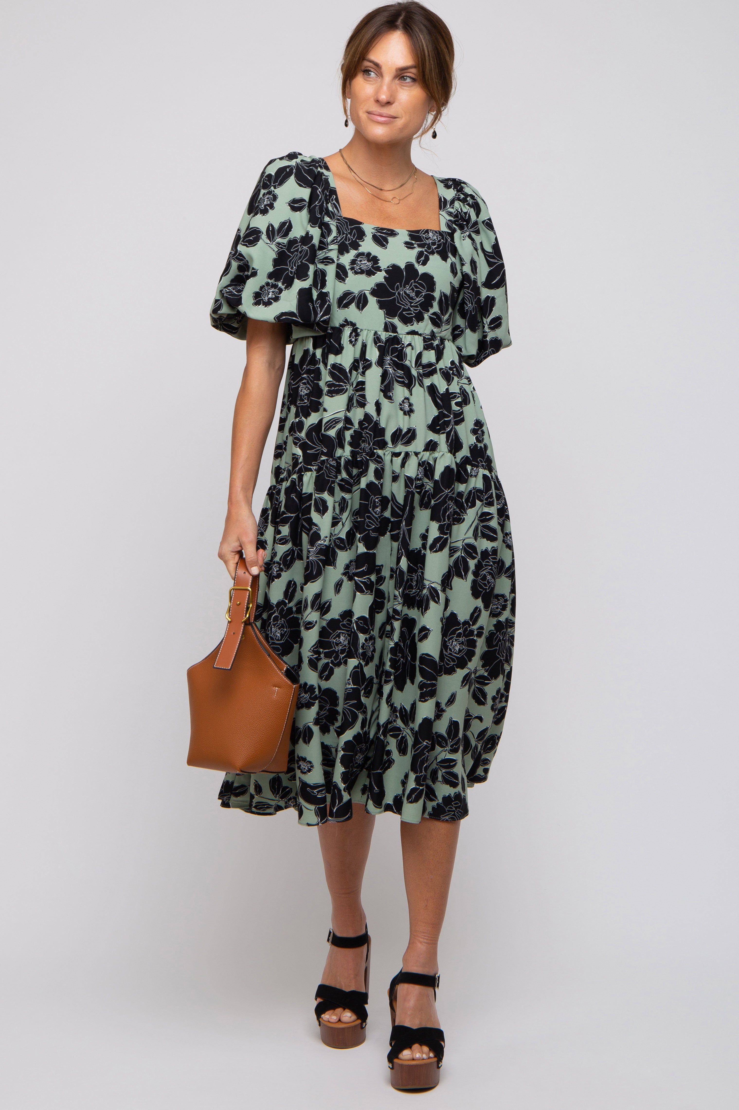 Mint Green Floral Puff Sleeve Tiered Maternity Dress sold by Pinkblush product image thumbnail 5