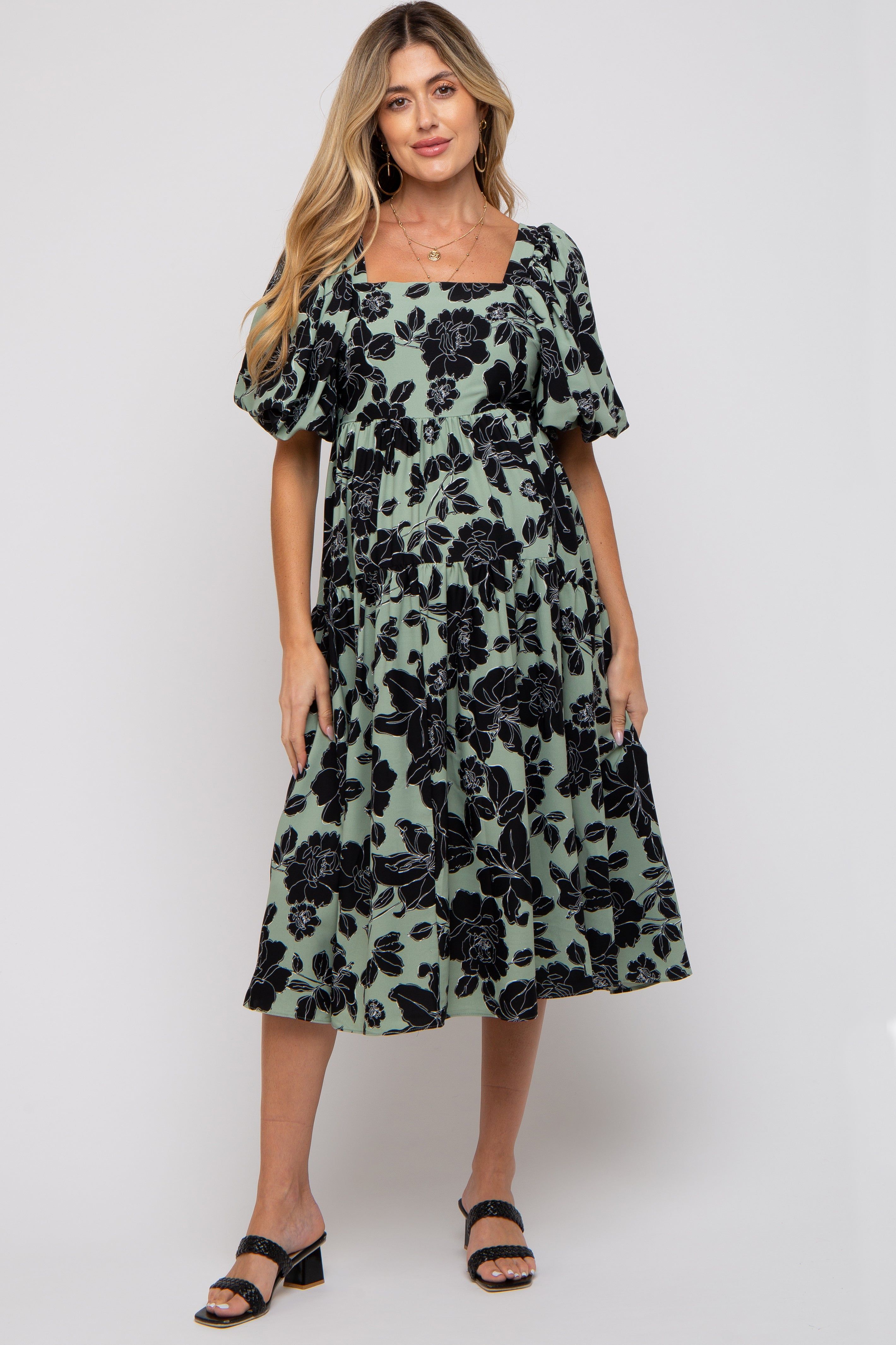 Mint Green Floral Puff Sleeve Tiered Maternity Dress sold by Pinkblush product image thumbnail 2