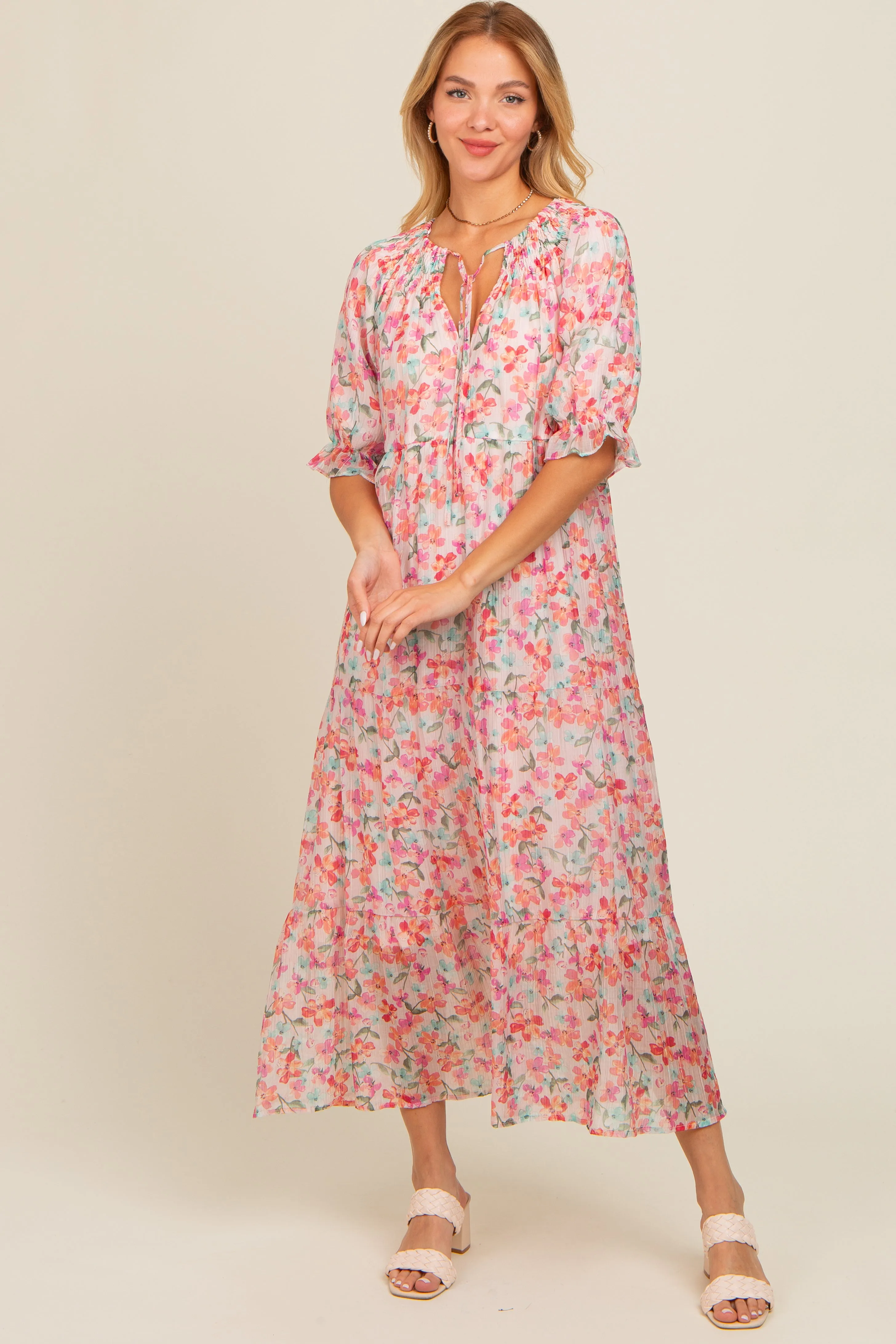 Light Pink Floral Front Tie Button Up Maxi Dress sold by Pinkblush