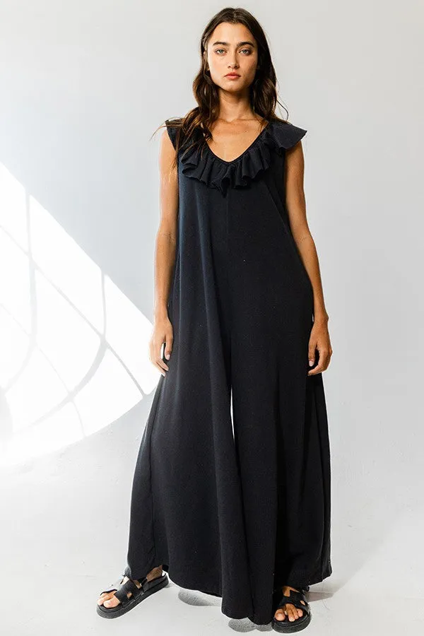 Black Ruffle Accent Wide Leg Jumpsuit sold by Pinkblush