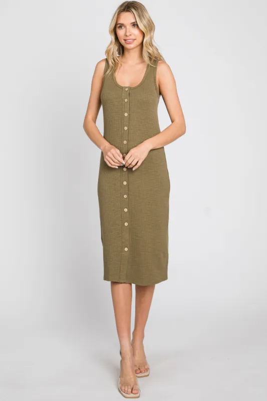 Olive Ribbed Button Front Midi Dress sold by Pinkblush