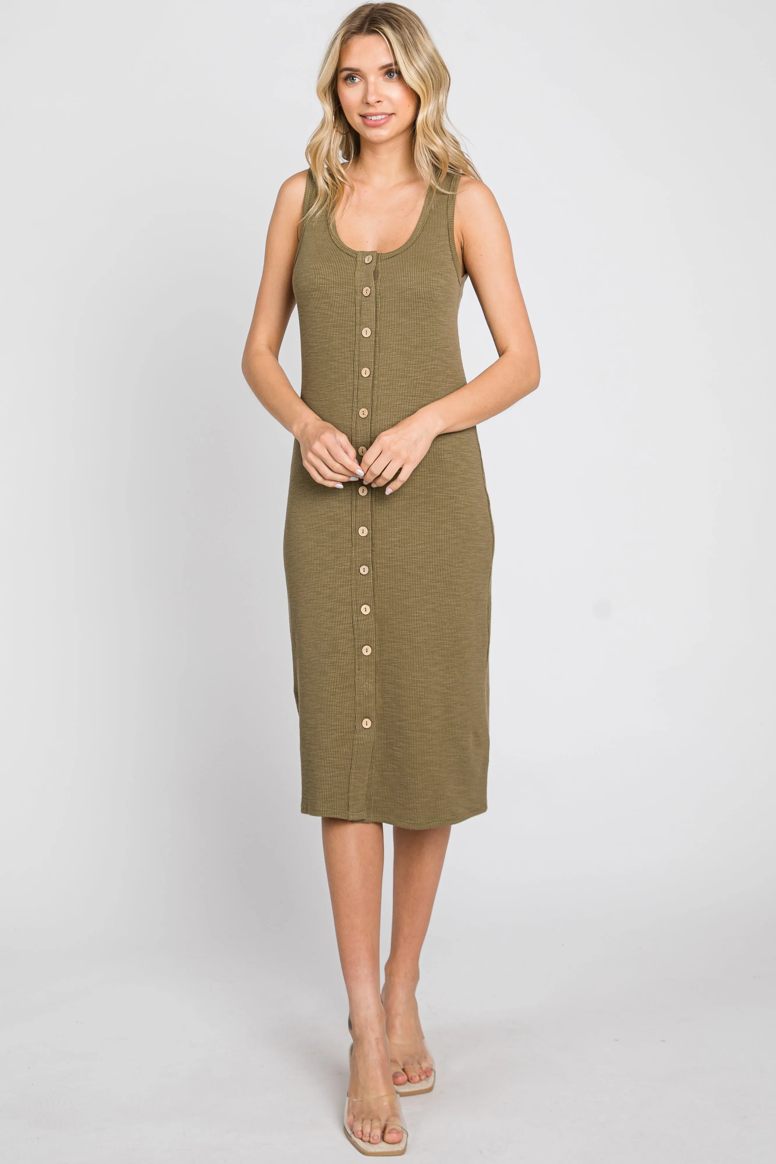 Olive Ribbed Button Front Midi Dress sold by Pinkblush