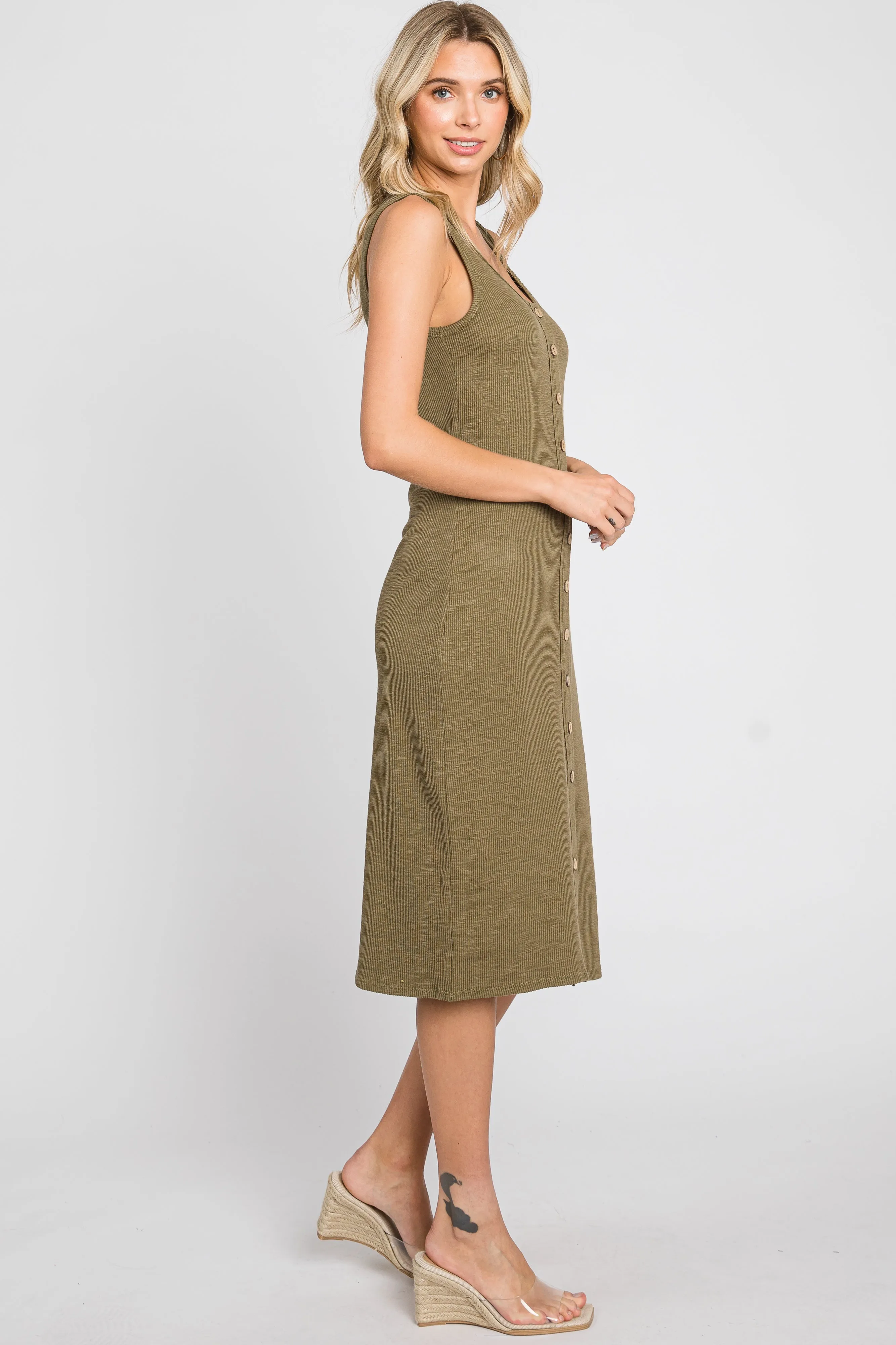 Olive Ribbed Button Front Midi Dress sold by Pinkblush product image thumbnail 2