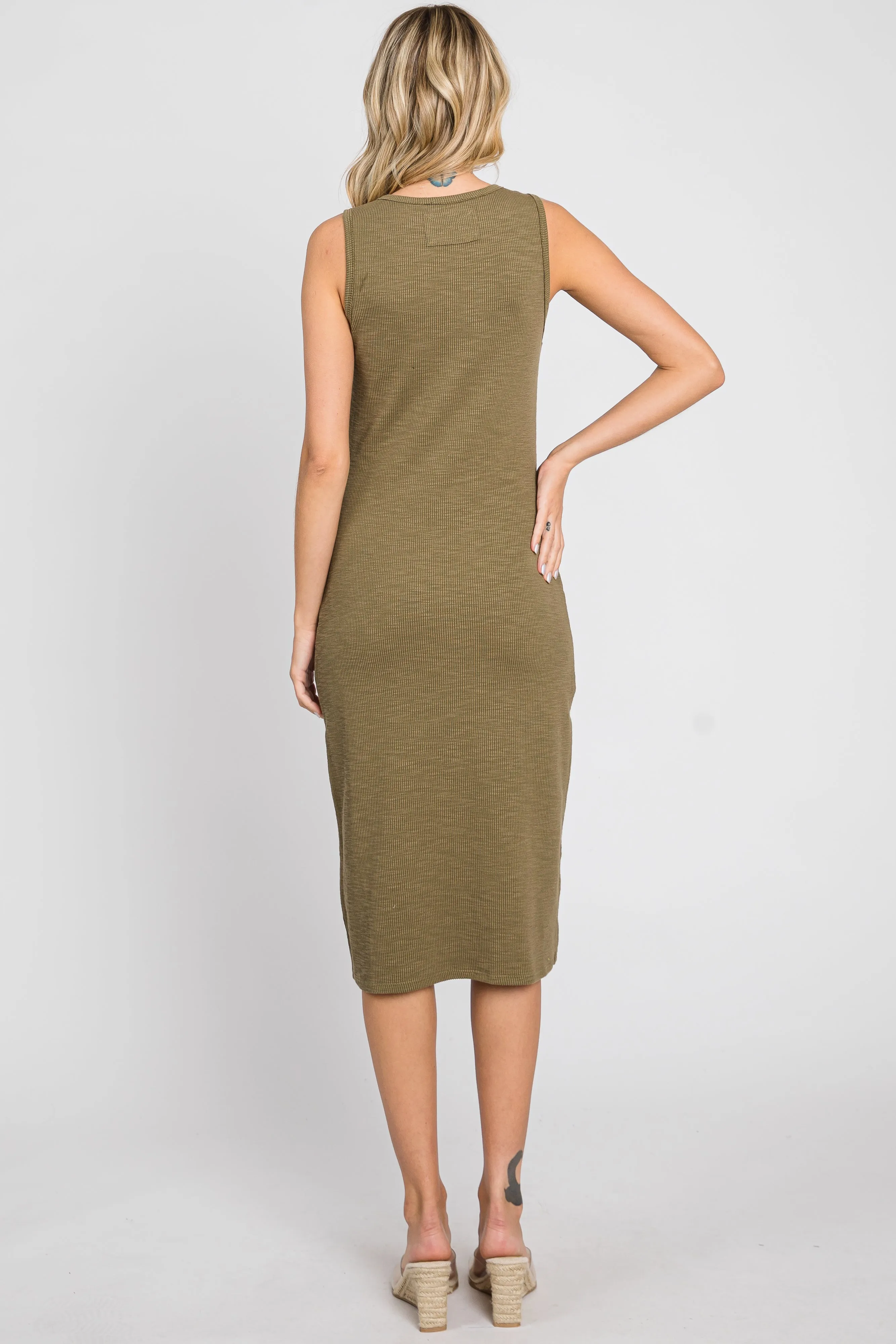 Olive Ribbed Button Front Midi Dress sold by Pinkblush product image thumbnail 3
