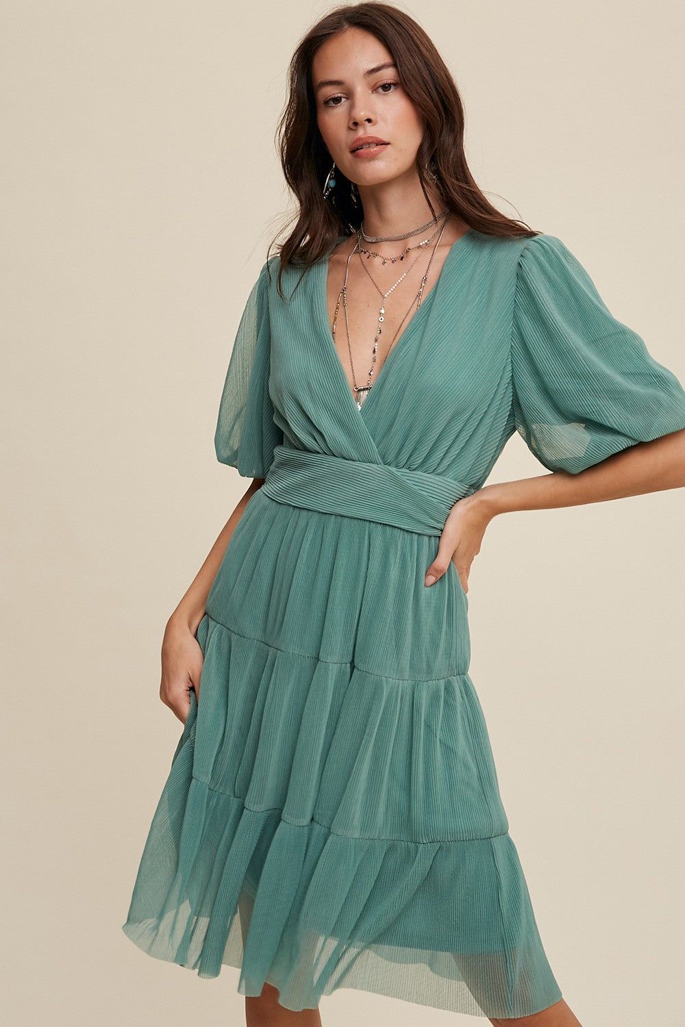 Sage V-Neck Pleated Mesh Cinched Waist Midi Dress sold by Pinkblush product image thumbnail 2