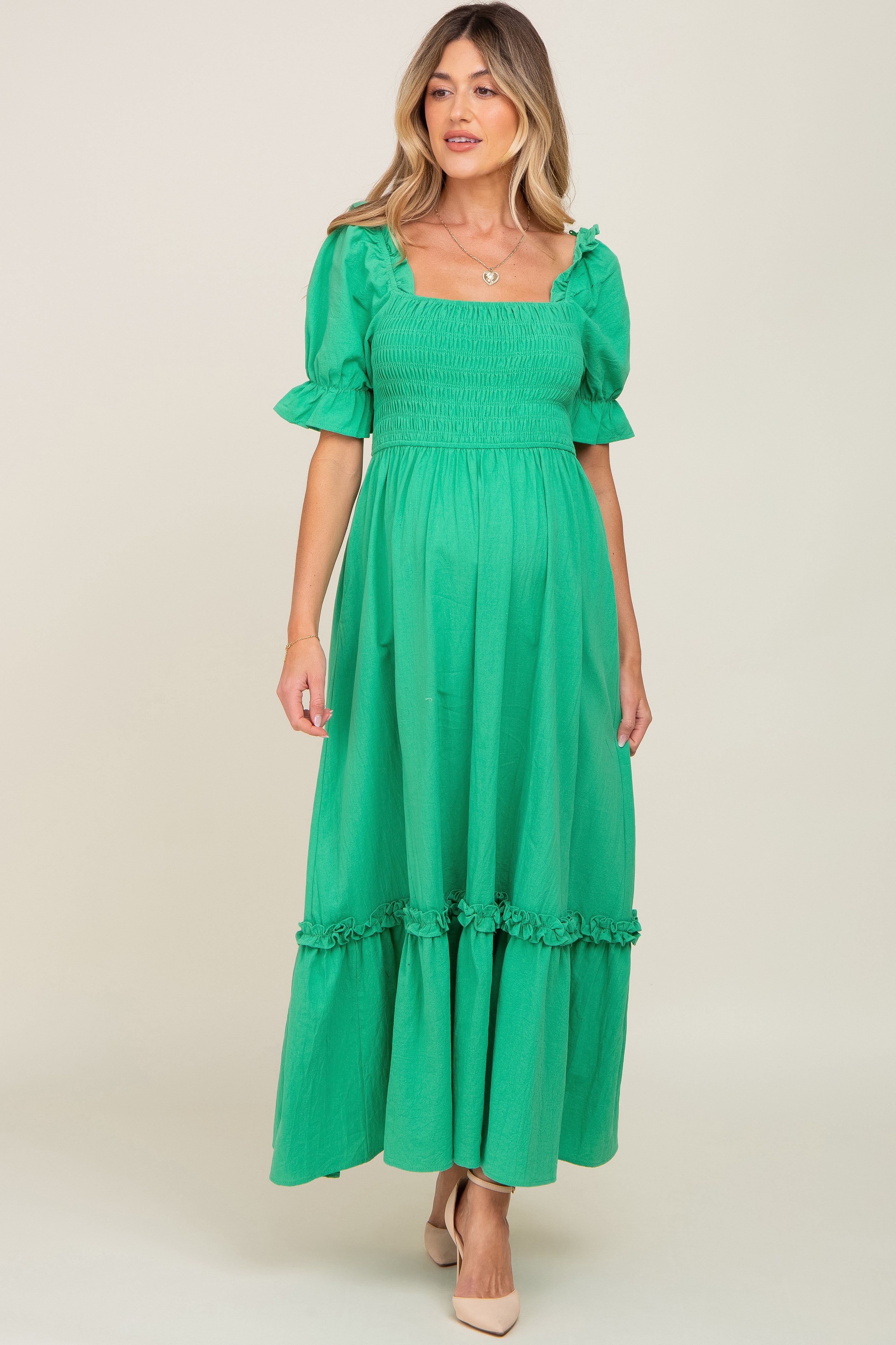 Green Puff Sleeve Ruffle Accent Maternity Maxi Dress sold by Pinkblush product image thumbnail 2