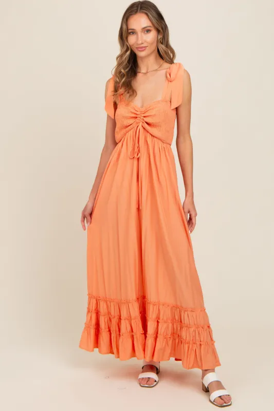 Orange Sweetheart Neck Smocked Shoulder Tie Maxi Dress sold by Pinkblush