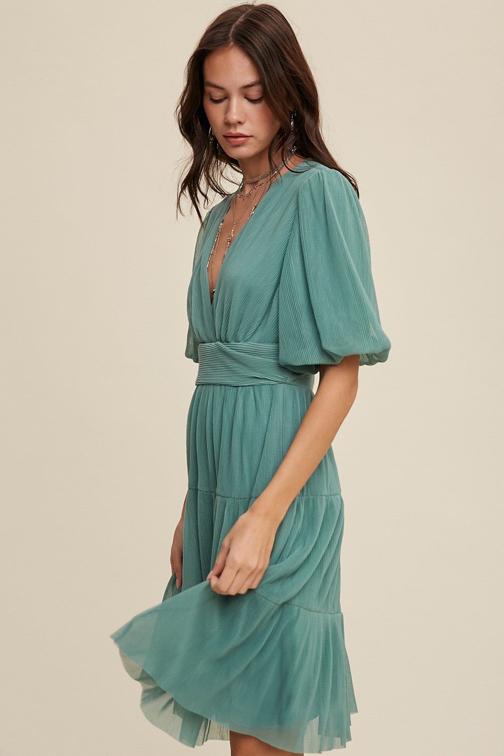 Sage V-Neck Pleated Mesh Cinched Waist Midi Dress sold by Pinkblush product image thumbnail 3