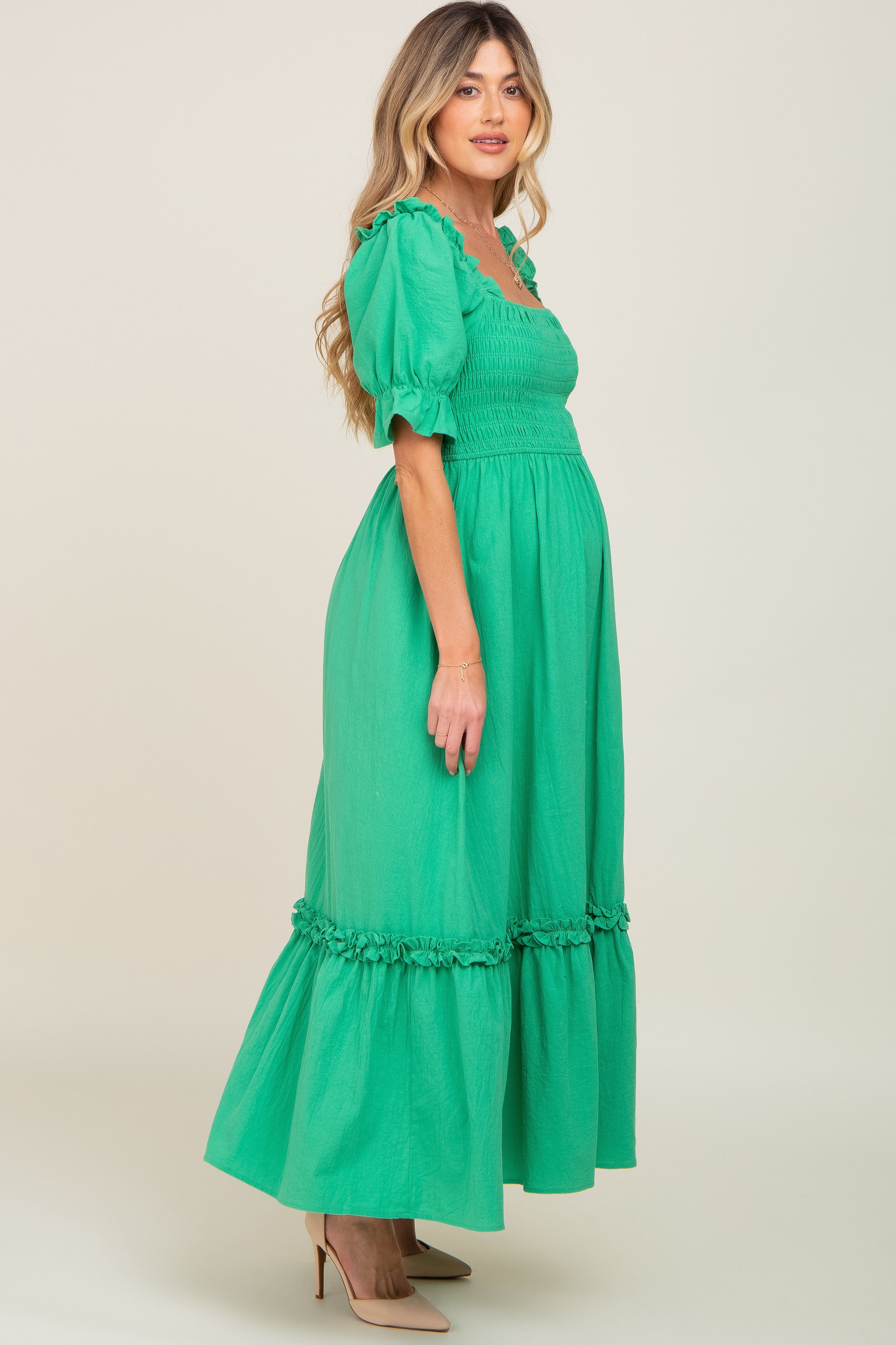 Green Puff Sleeve Ruffle Accent Maternity Maxi Dress sold by Pinkblush product image thumbnail 3