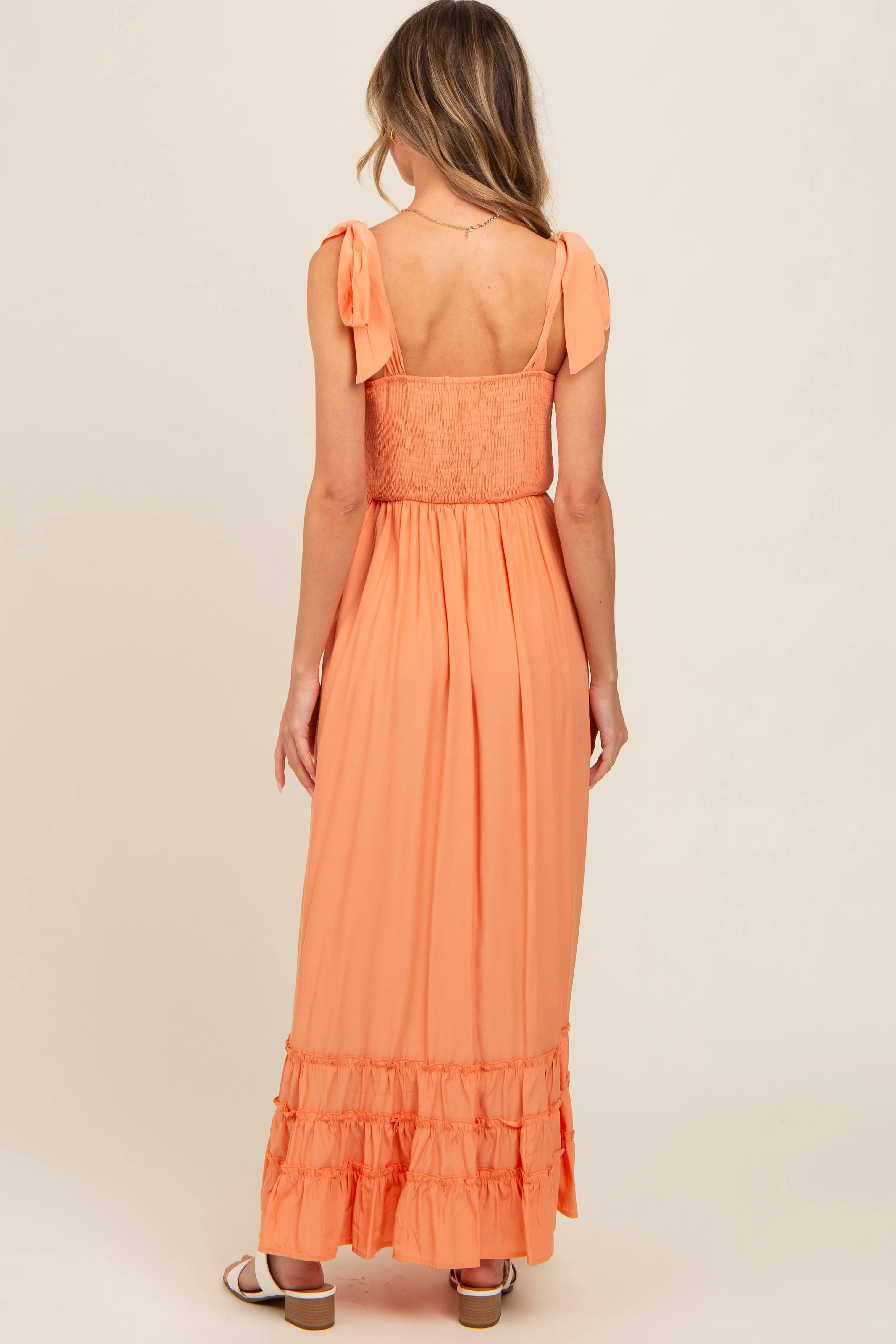 Orange Sweetheart Neck Smocked Shoulder Tie Maxi Dress sold by Pinkblush product image thumbnail 2
