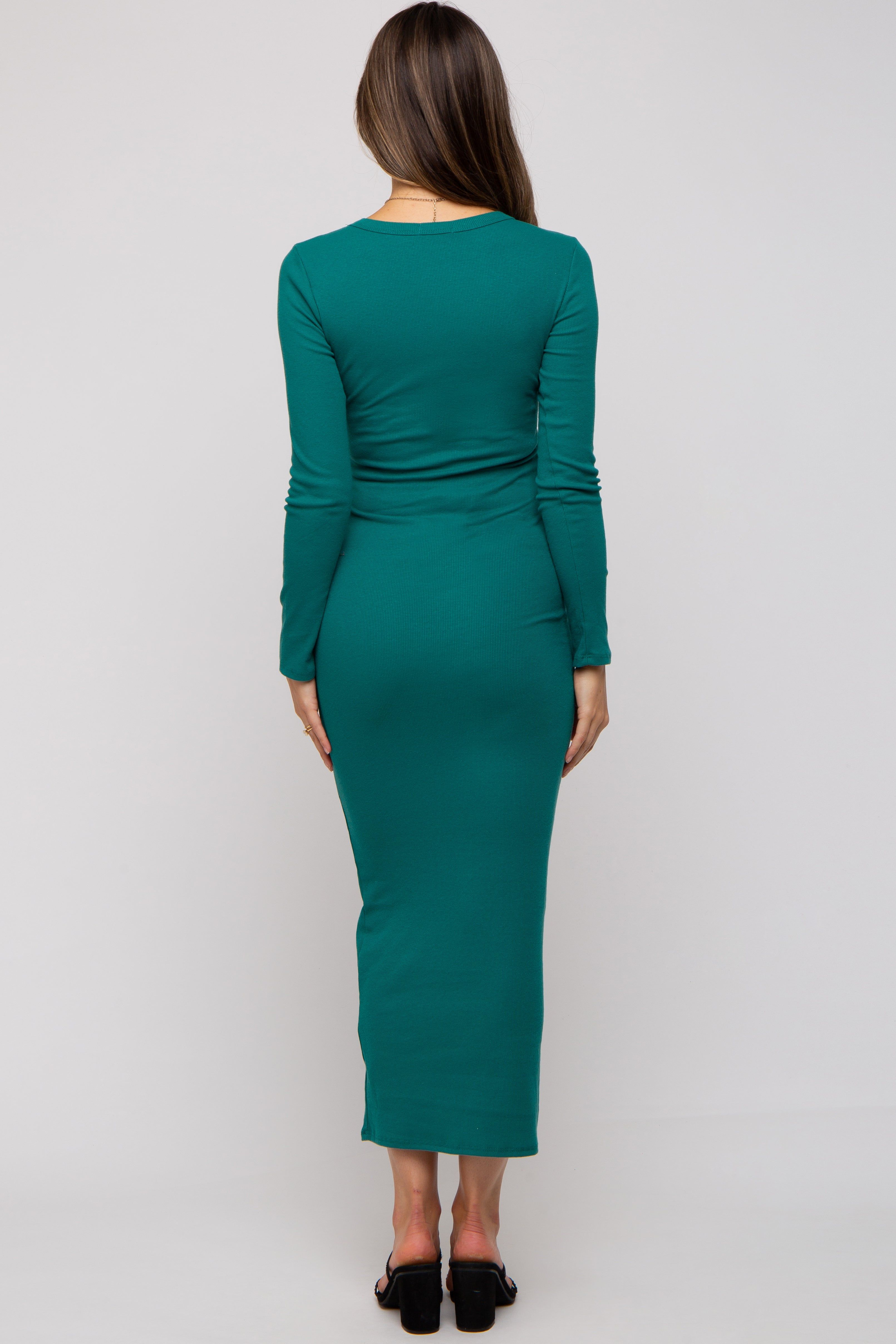 Green Ribbed Fitted Long Sleeve Maternity Midi Dress sold by Pinkblush product image thumbnail 3