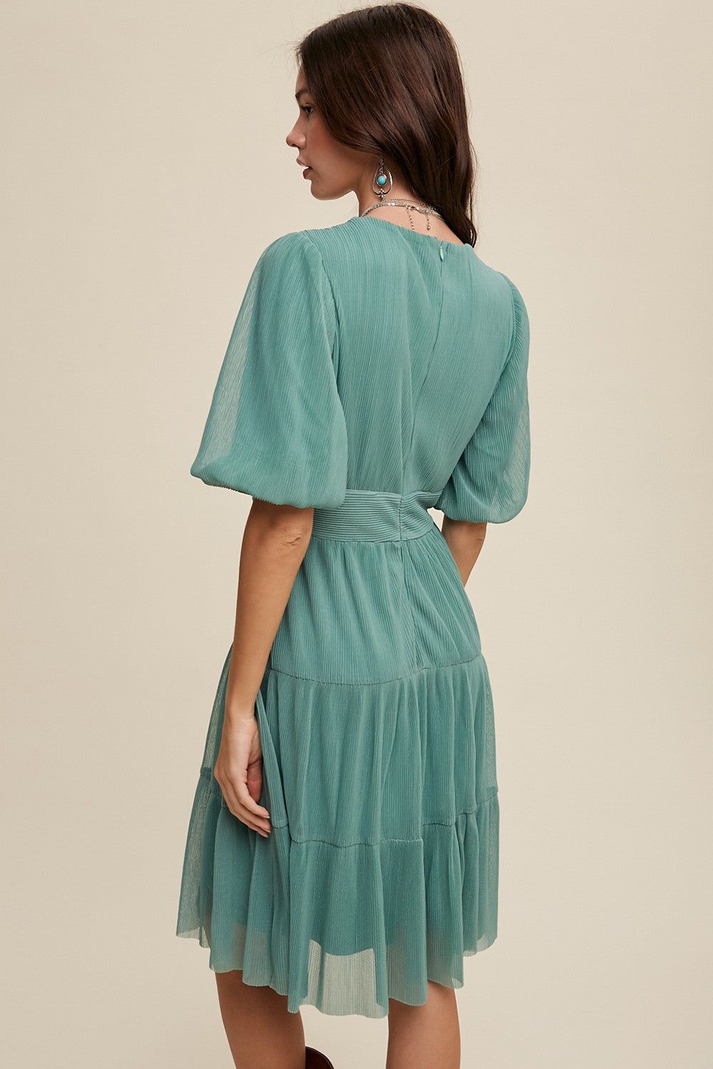 Sage V-Neck Pleated Mesh Cinched Waist Midi Dress sold by Pinkblush product image thumbnail 4