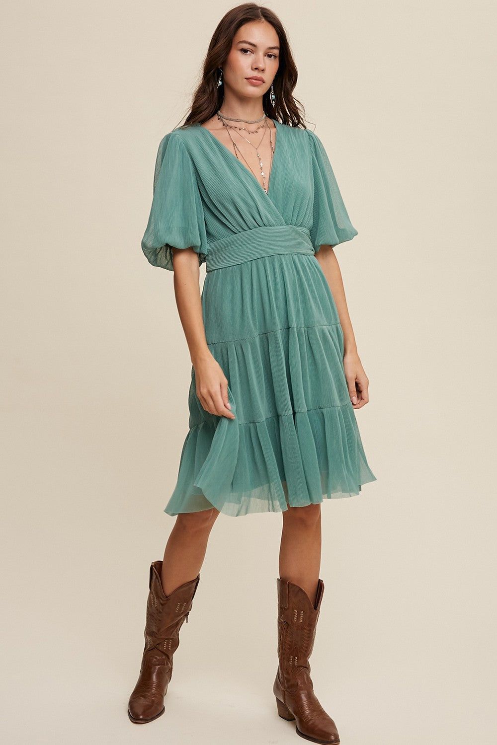 Sage V-Neck Pleated Mesh Cinched Waist Midi Dress sold by Pinkblush