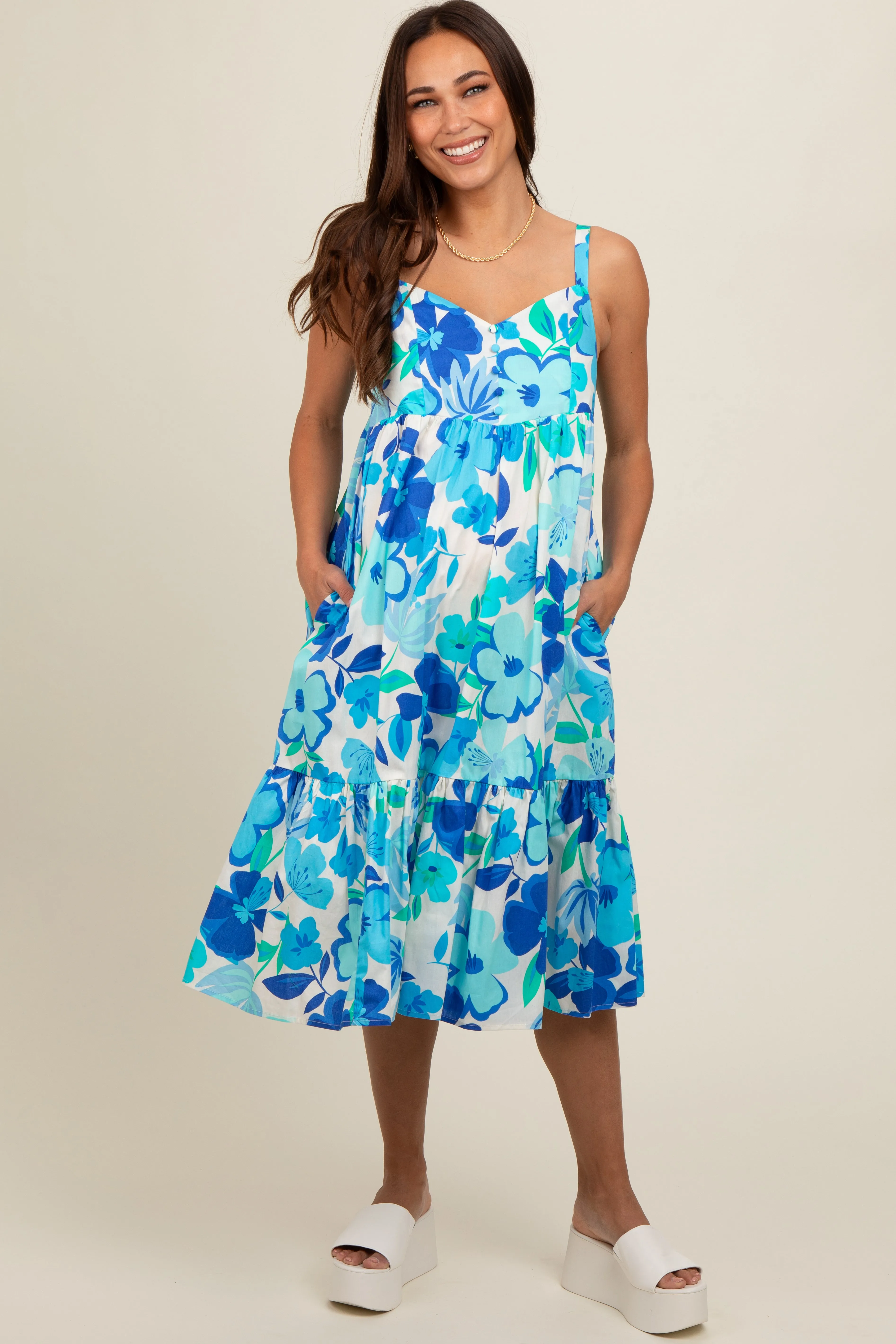Blue Floral Button Front Sweetheart Neck Maternity Midi Dress sold by Pinkblush