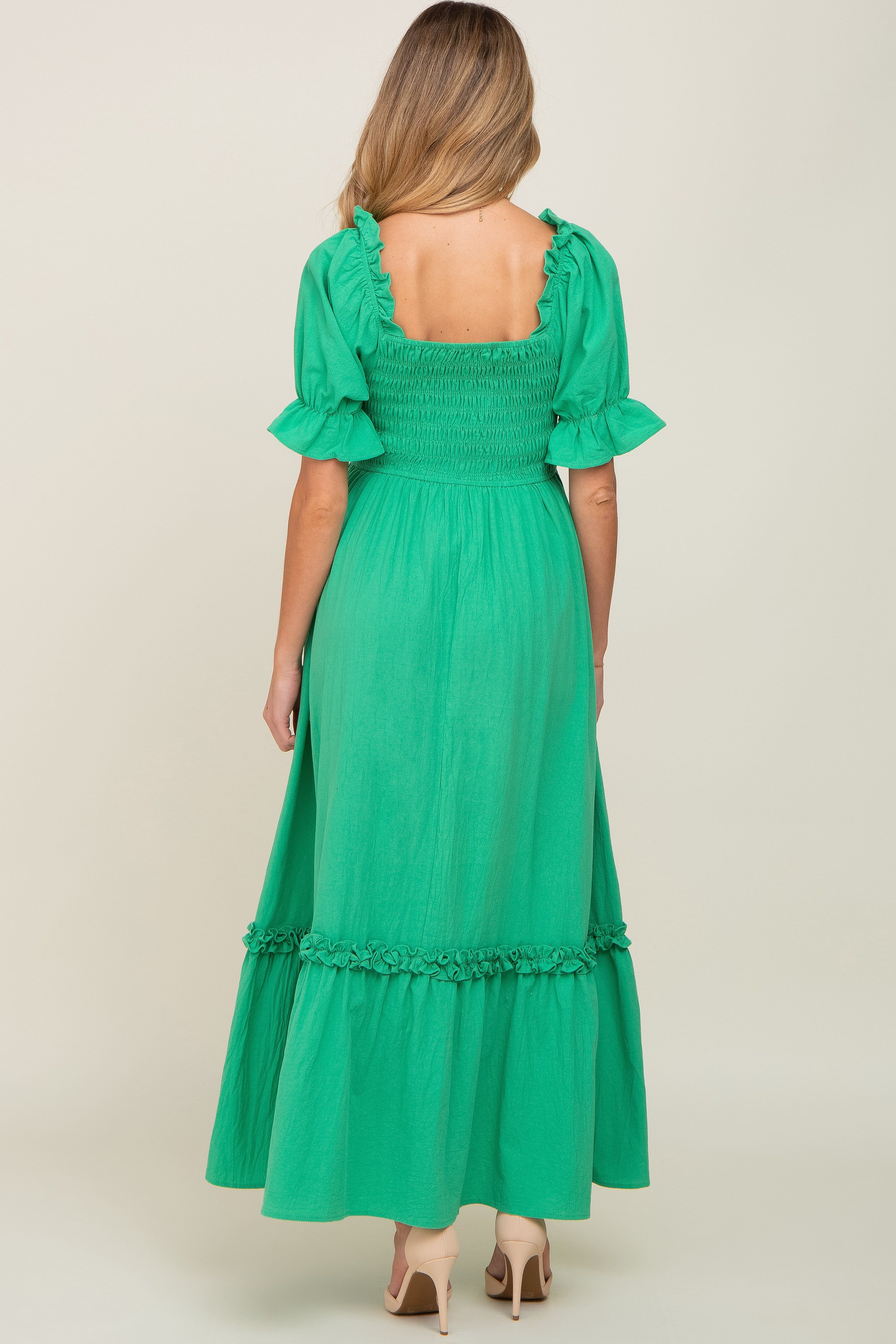 Green Puff Sleeve Ruffle Accent Maternity Maxi Dress sold by Pinkblush product image thumbnail 4