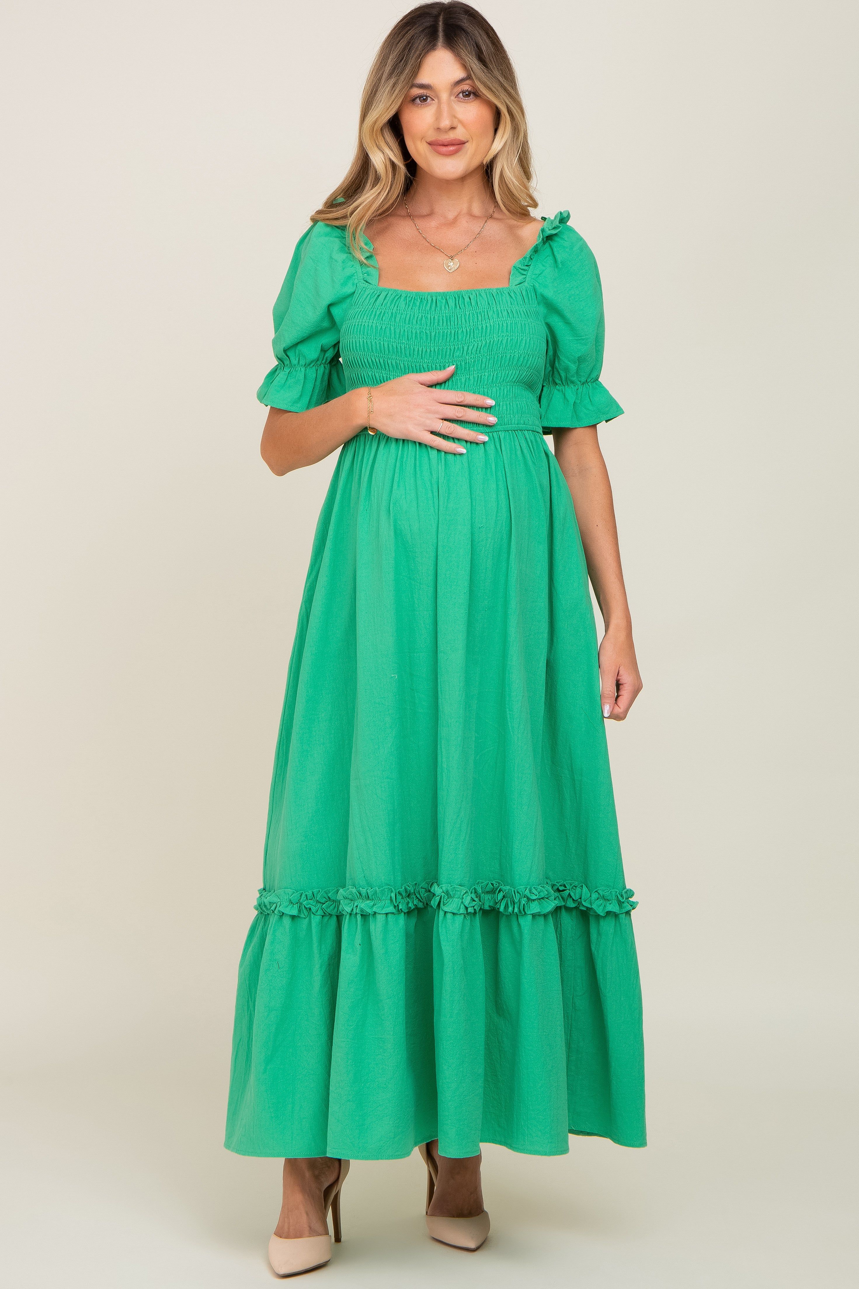 Green Puff Sleeve Ruffle Accent Maternity Maxi Dress sold by Pinkblush