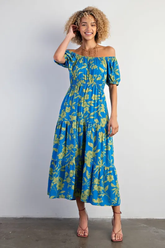 Blue Floral Off Shoulder Puff Sleeve Midi Dress sold by Pinkblush