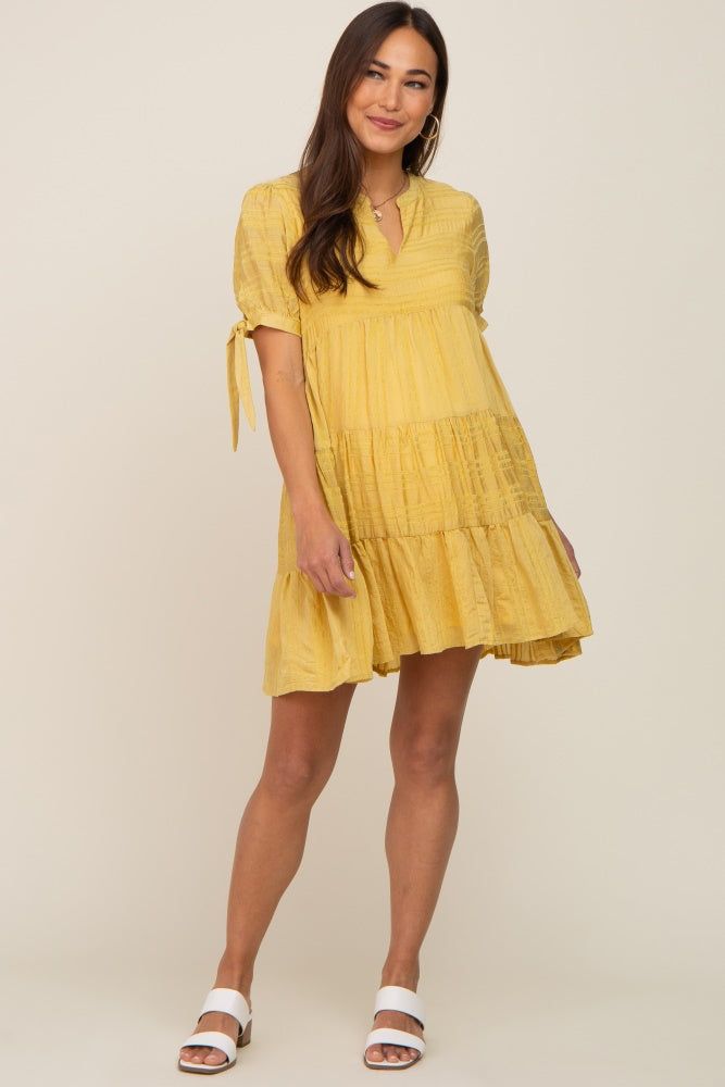 Yellow Textured Stripe V-Neck Tiered Maternity Dress sold by Pinkblush