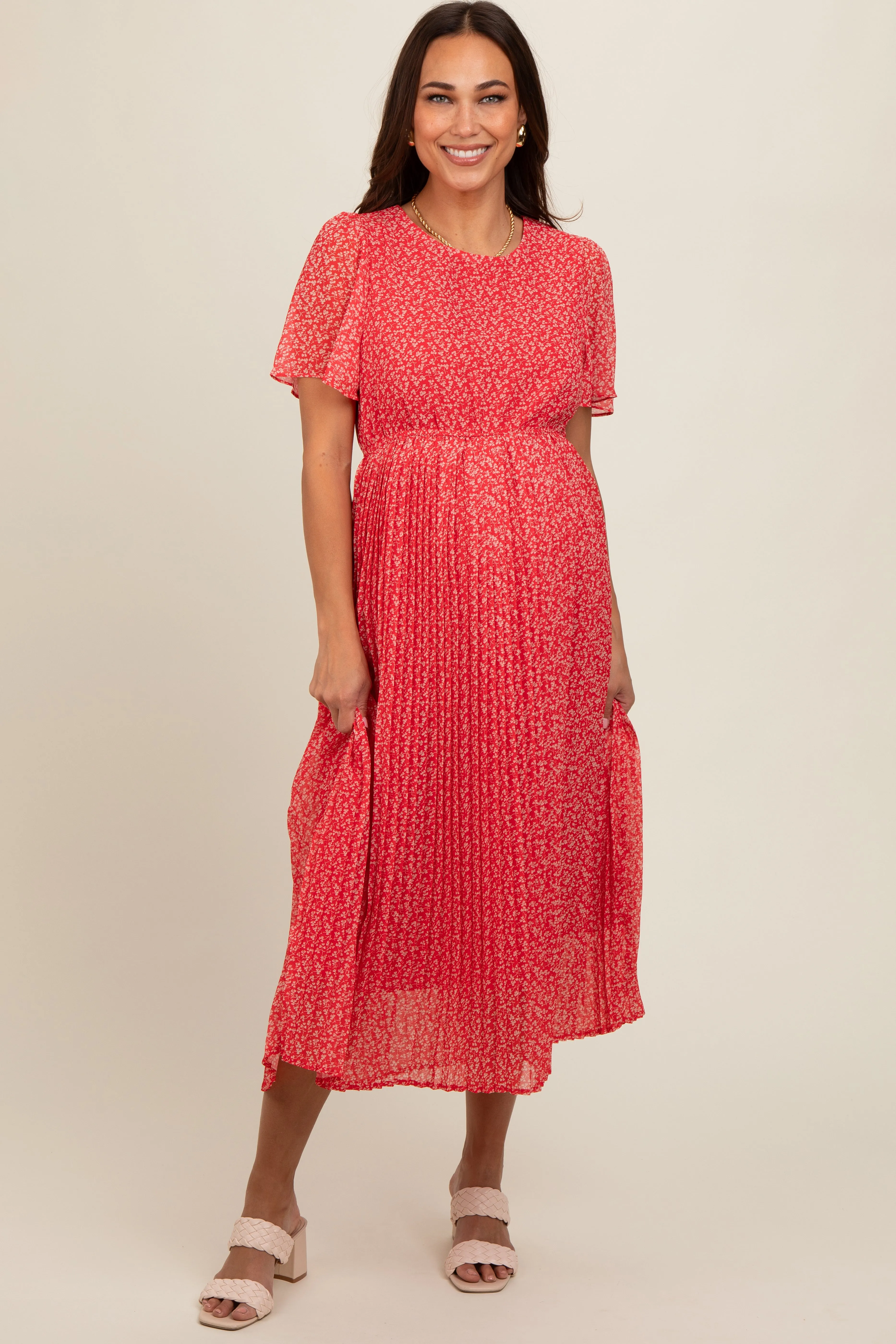 Red Ditsy Floral Pleated Maternity Midi Dress sold by Pinkblush product image thumbnail 2