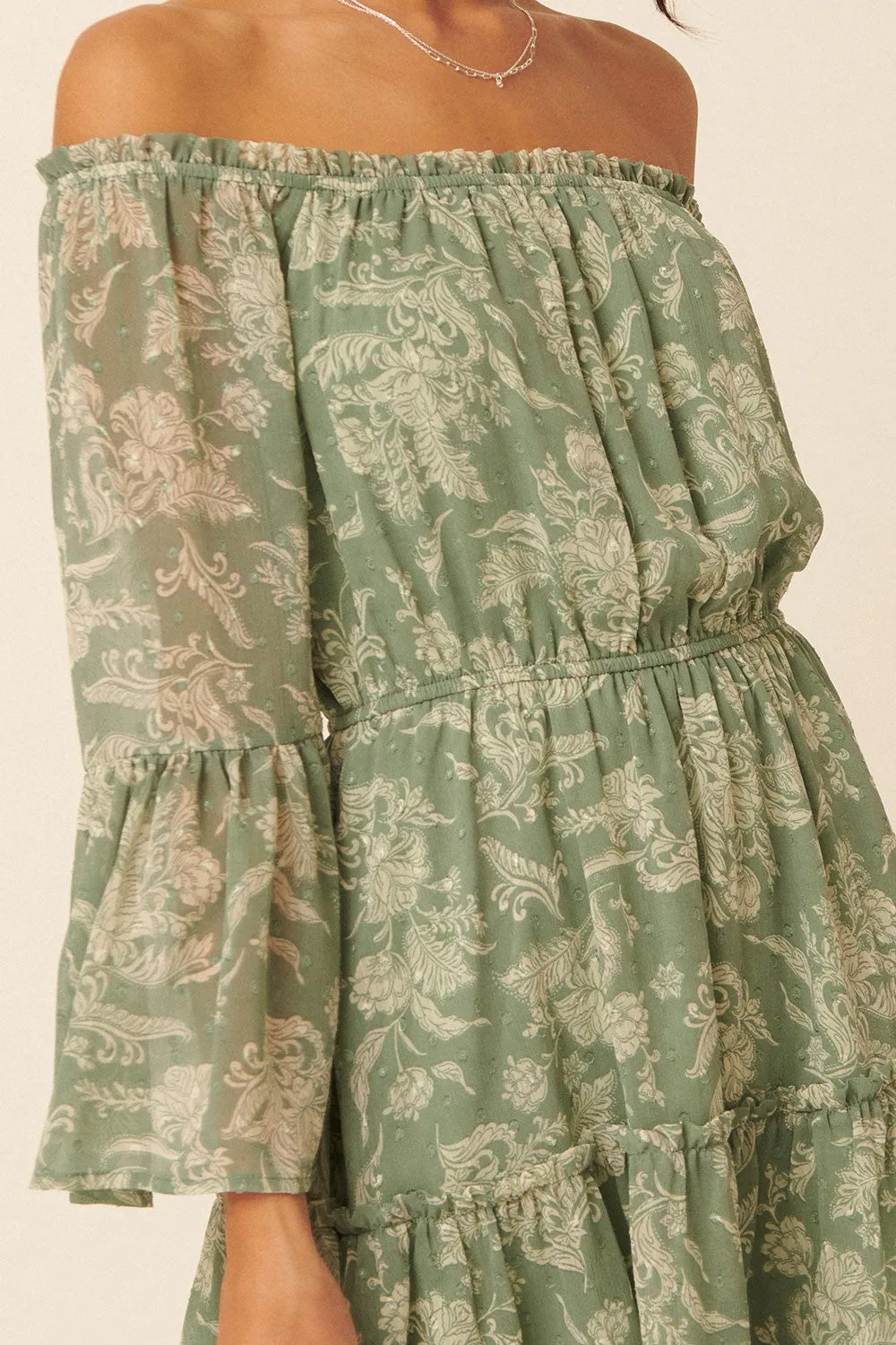 Green Floral Swiss Dot Chiffon Tier Mini Peasant Dress sold by Pinkblush product image thumbnail 5
