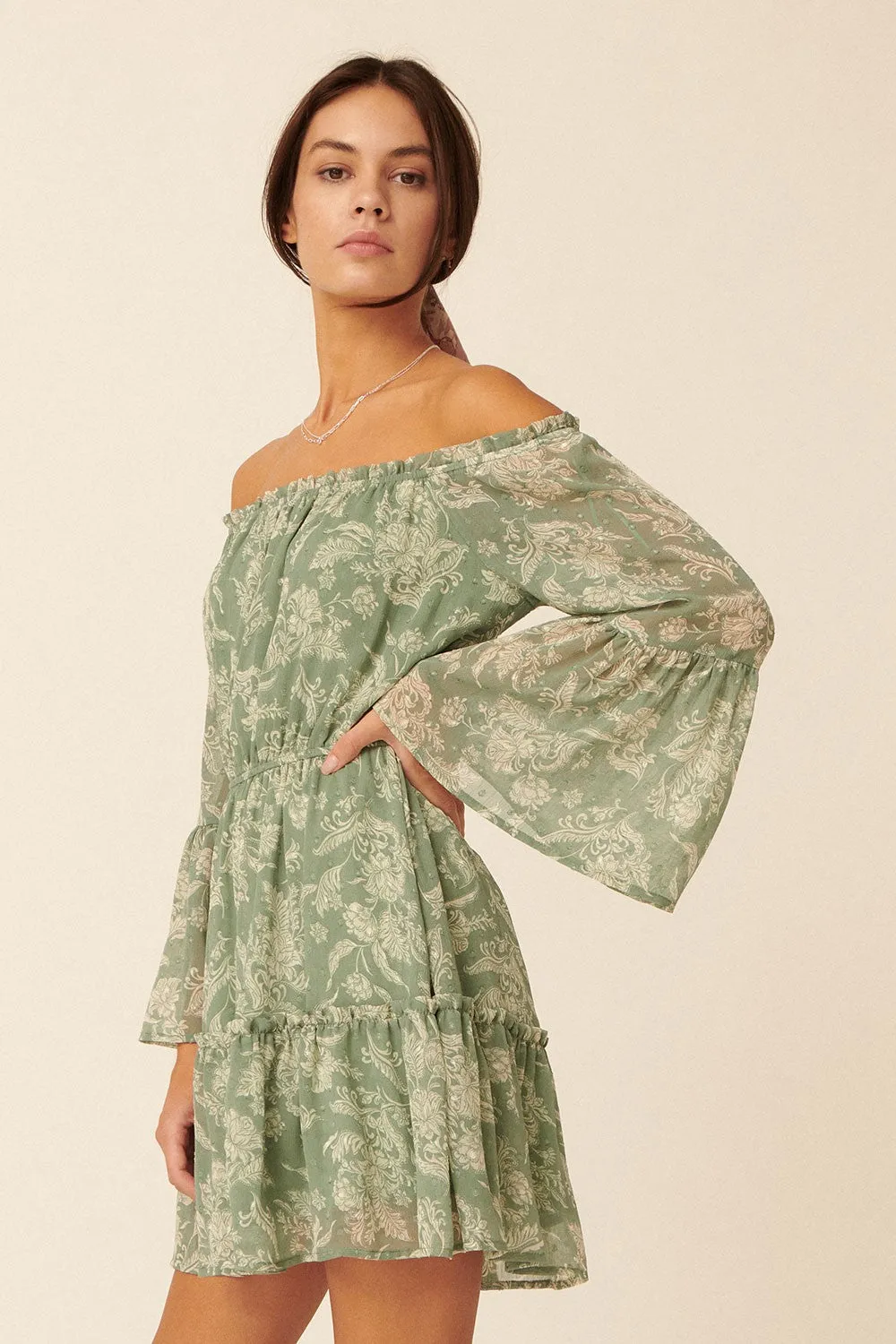 Green Floral Swiss Dot Chiffon Tier Mini Peasant Dress sold by Pinkblush product image thumbnail 3