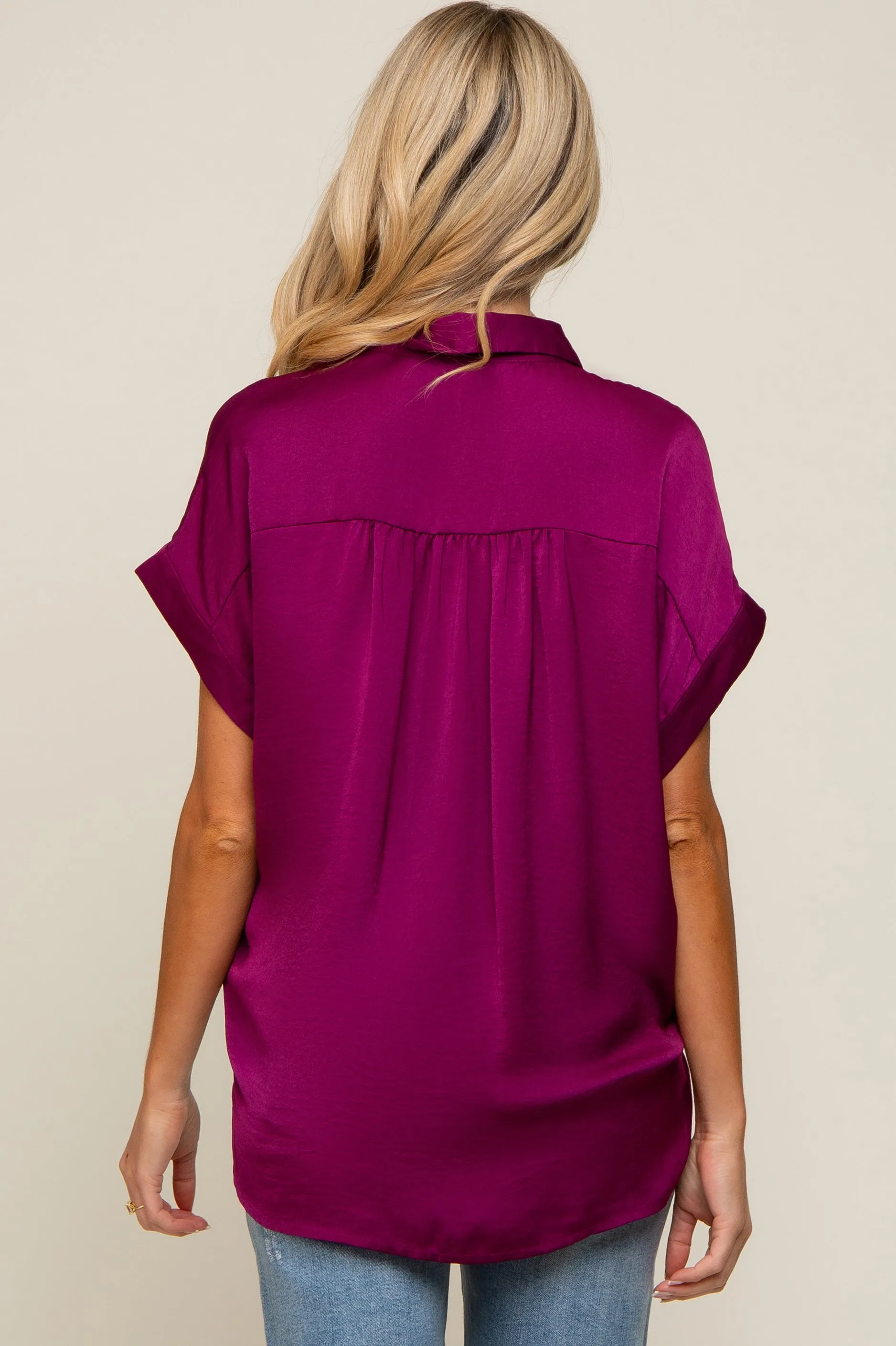 Magenta Satin Button Front Collared Short Sleeve Maternity Top sold by Pinkblush product image thumbnail 3