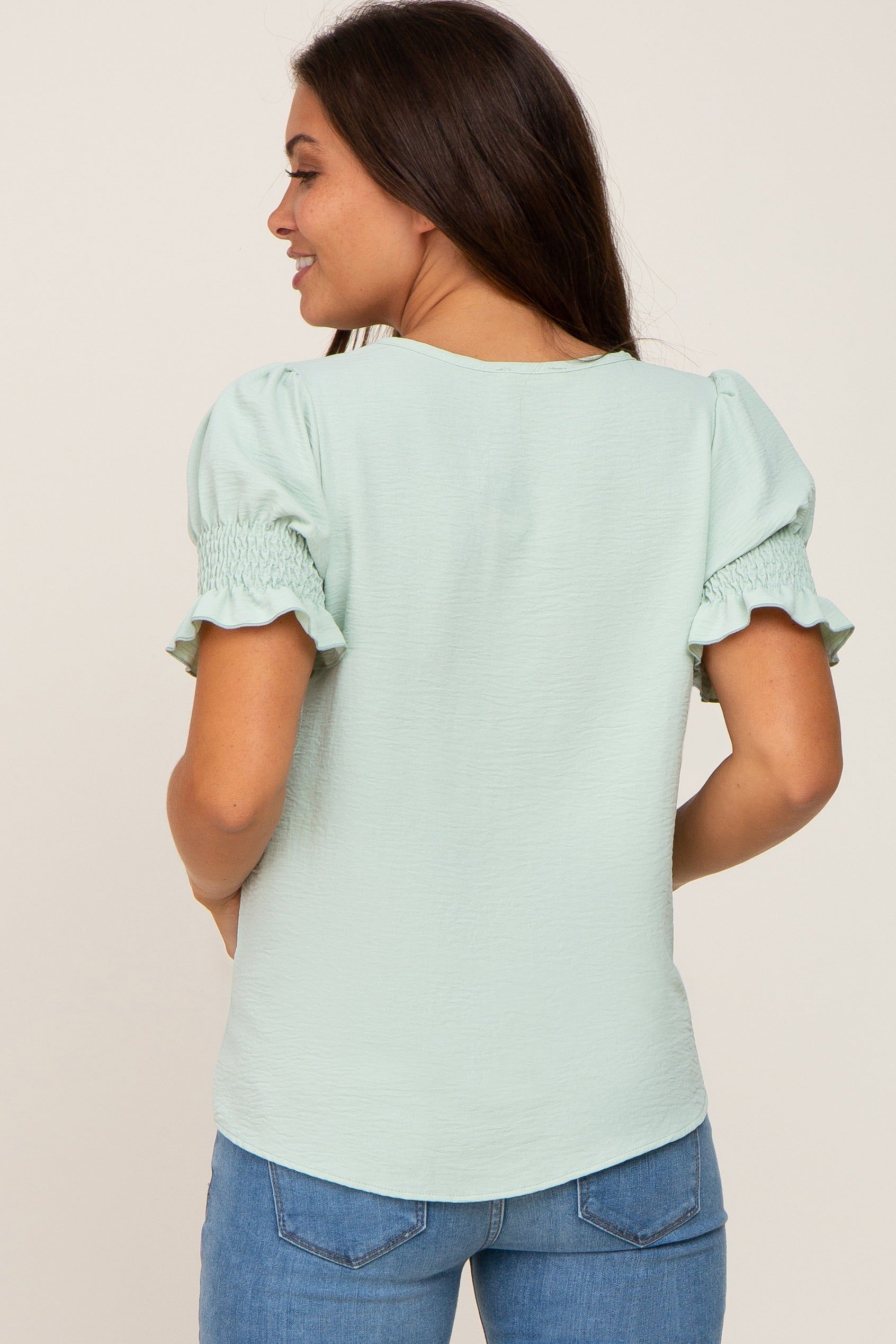 Mint Green Smocked Puff Sleeve Maternity Blouse sold by Pinkblush product image thumbnail 3
