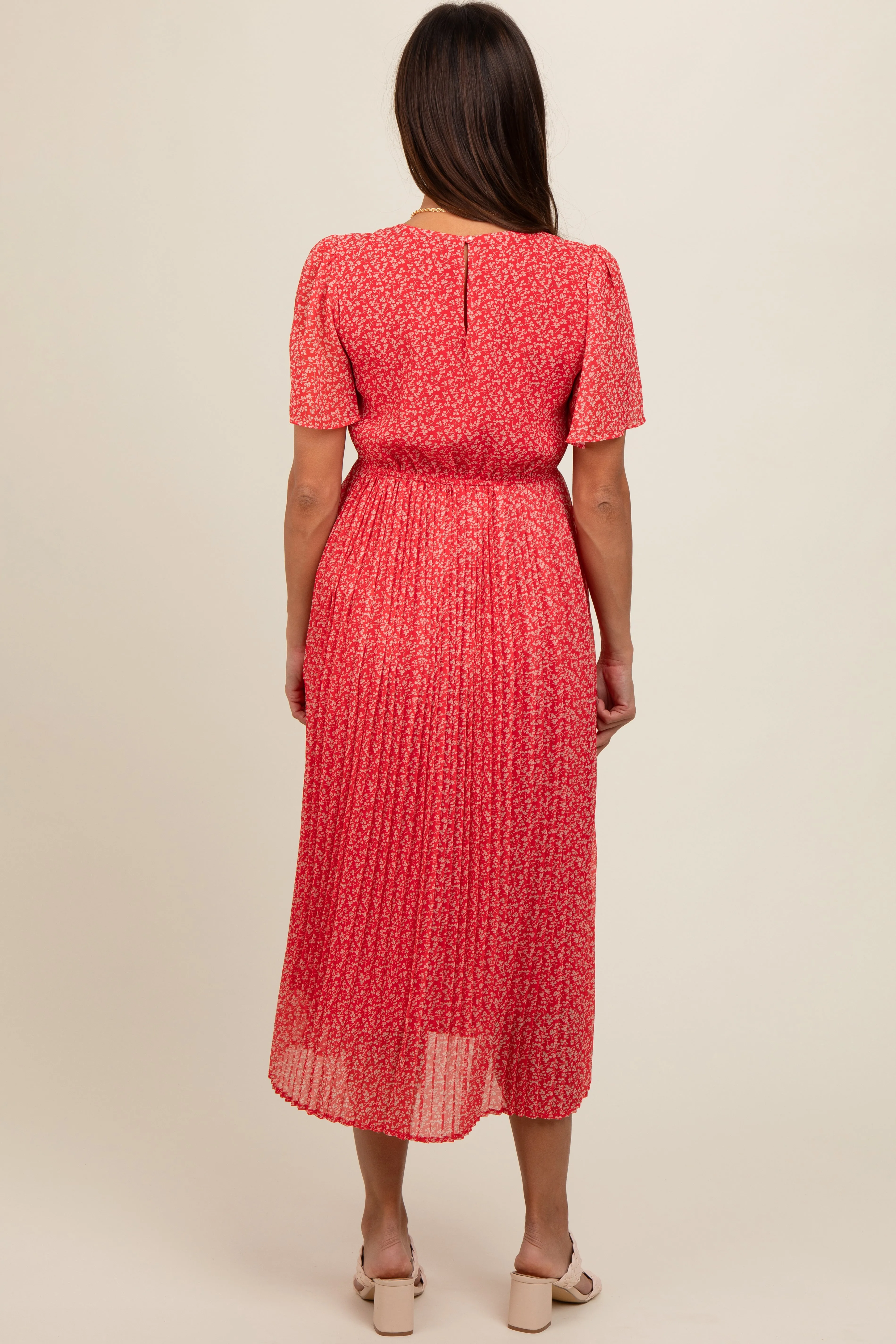 Red Ditsy Floral Pleated Maternity Midi Dress sold by Pinkblush product image thumbnail 3